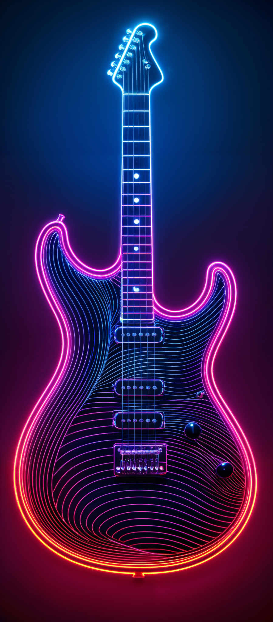 The image showcases a vibrant neon-lit guitar. The guitar has a unique, wavy design with contours that resemble the natural curves of a guitar. It is illuminated with a spectrum of colors including blue, pink, and orange. The background is dark, which accentuates the brightness and vibrancy of the neon lights. The overall aesthetic gives a modern, electrifying feel to the traditional instrument.