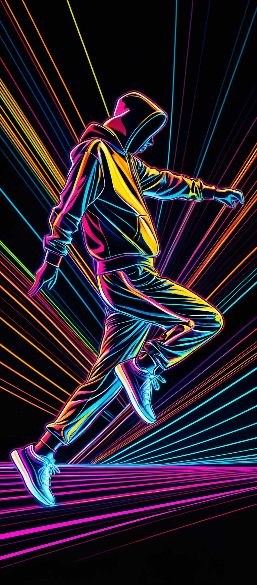 The image showcases a figure, possibly a person, in a dynamic pose. The figure is outlined in vibrant neon colors, predominantly in shades of pink, blue, yellow, and green. The background consists of multicolored lines radiating outwards, creating an effect of a laser or light show. The entire composition gives off a futuristic, cyberpunk vibe.