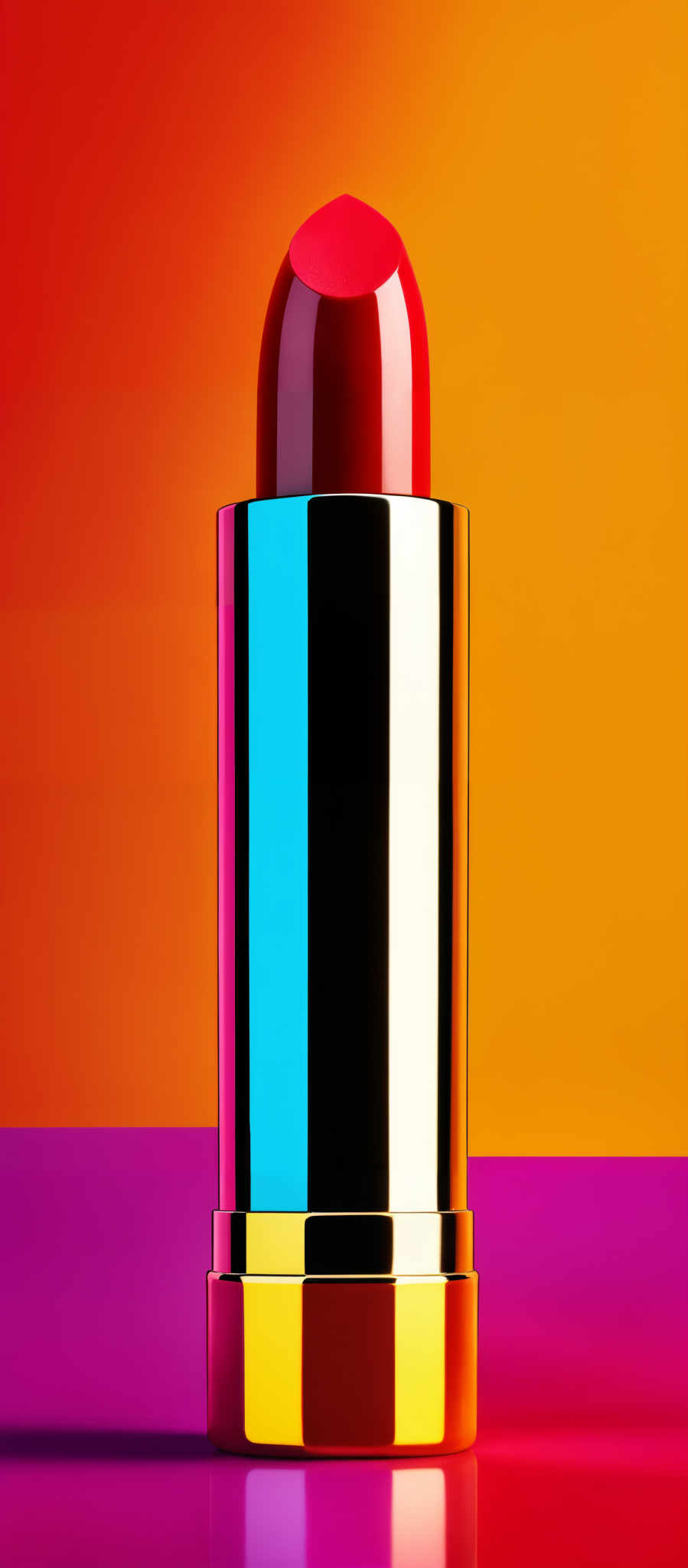 The image showcases a vibrant and colorful depiction of a lipstick. The lipsticks are presented in a cylindrical shape with a reflective metallic finish. The colors range from deep reds to bright blues, purples, and oranges. The background consists of gradient shades of these colors, creating a visually striking contrast.