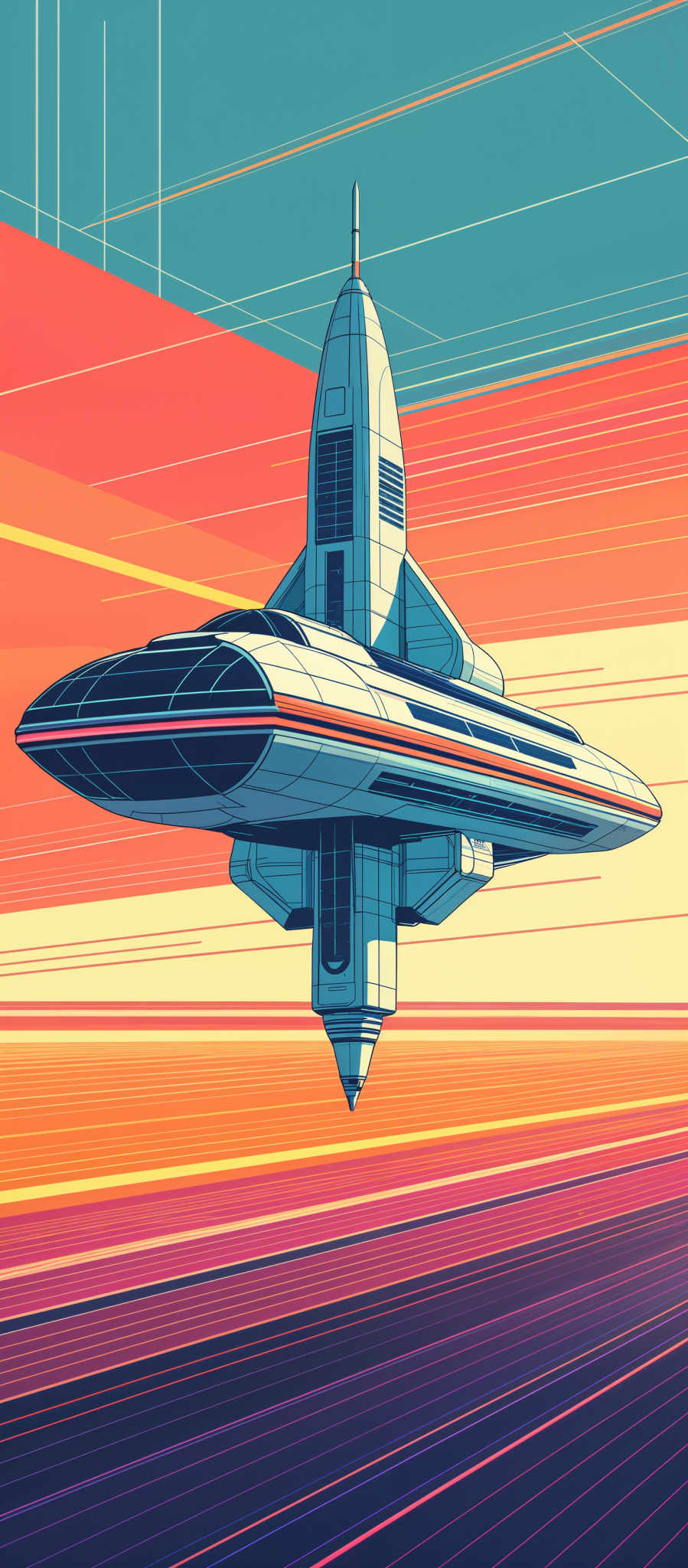 The image showcases a futuristic spaceship hovering above a vibrant landscape. The spaceship is sleek and elongated, with a pointed nose and two main wings. It has a predominantly blue and white color scheme with red accents. The landscape below is a mix of horizontal stripes in varying shades of orange, pink, and purple, suggesting either a sunset or sunrise. The sky is a gradient of teal and orange, with diagonal lines adding depth and perspective.