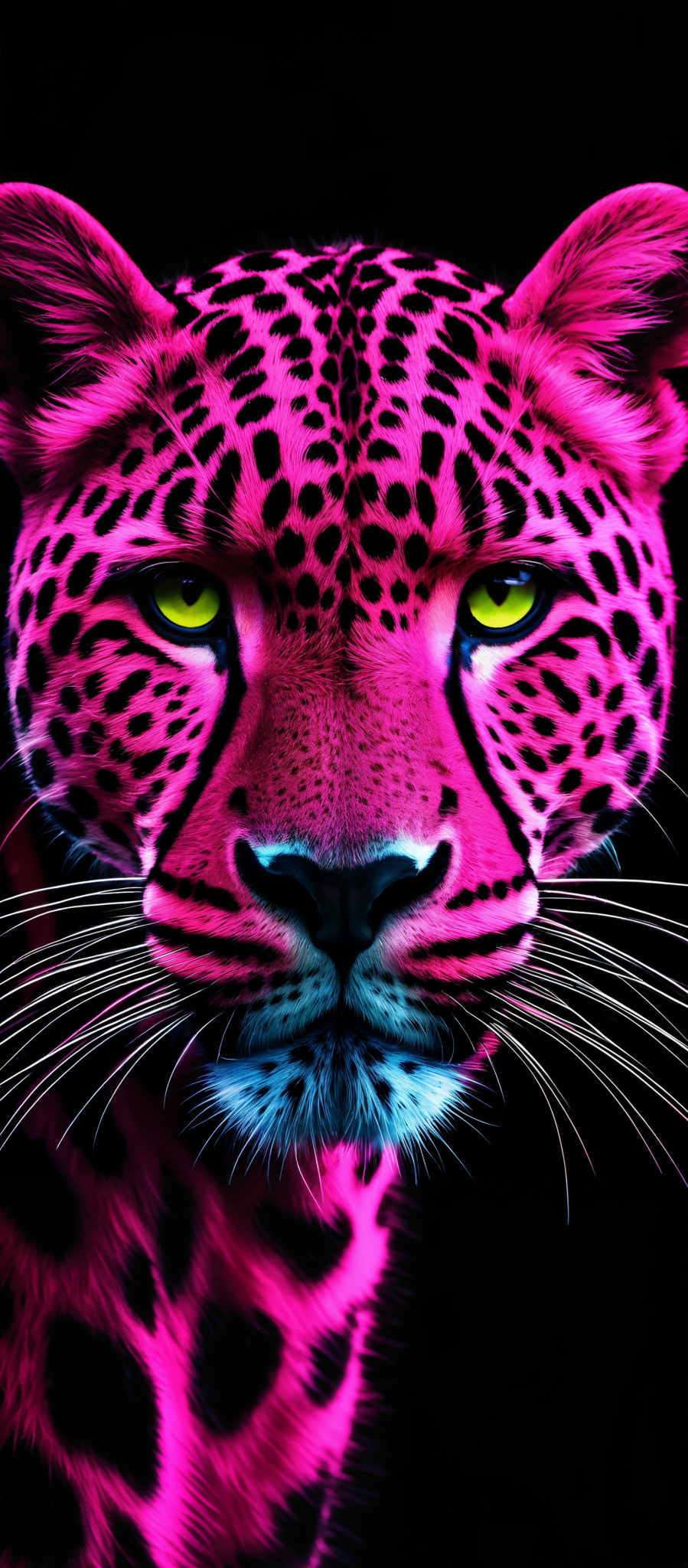 The image showcases a close-up of a leopard's face. The leopARD has a vibrant pink hue covering its fur, with black spots. Its eyes are a striking shade of yellow, and the background is a deep black, which accentuates the leopards features. The fur is detailed with whiskers, and there's a sense of depth and realism in the portrayal of the leapard.