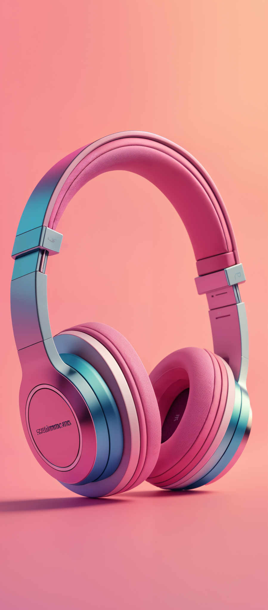 The image showcases a pair of headphones with a vibrant and futuristic design. The headphone's outer shell is multi-colored, transitioning from a deep blue at the top to a soft pink at the bottom. The ear cups are pink with a textured, leather-like finish. On the side of the headphONE, there's a circular logo with the text 'SOUNDBUBBLE.COM'. The background is a gradient of orange, which complements the headphone's colors and adds to the overall aesthetic.