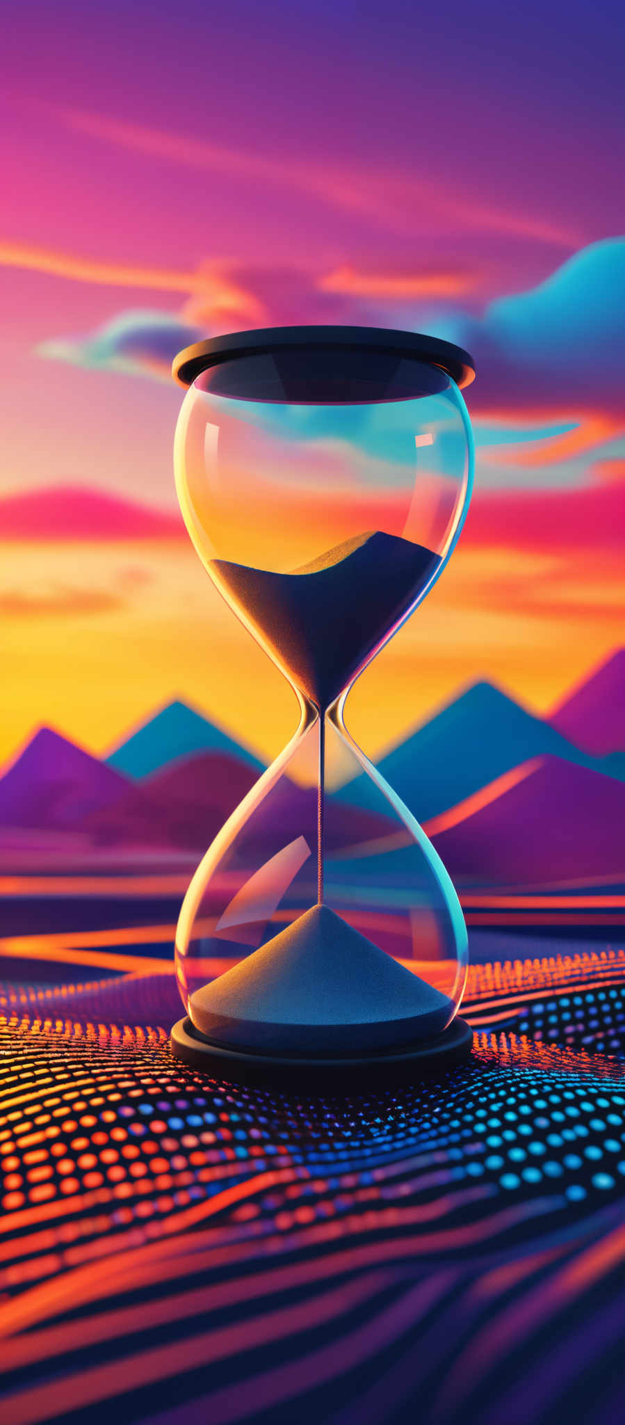 The image showcases a vibrant and colorful scene. The dominant colors are shades of pink, purple, blue, and orange. The shape is reminiscent of a hourglass, with the top bulb filled with sand and the bottom bulb empty. The hourglass is placed on a patterned surface that appears to be made of a digital or virtual material, with a wavy, light-reflecting texture. The background features a sunset or sunrise with hues of pinks, purples, and oranges, and there are silhouettes of mountains in the distance.