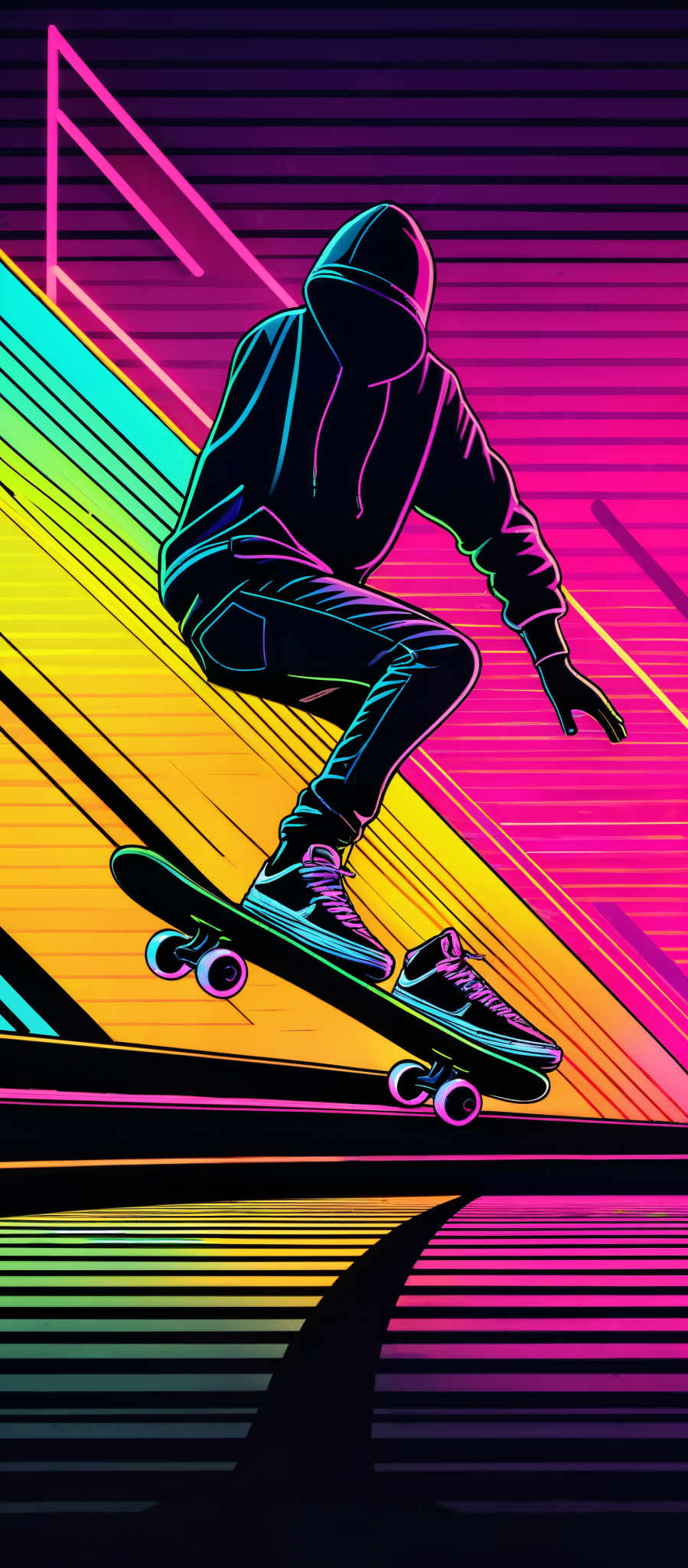 The image showcases a vibrant and colorful depiction of a skateboarder in action. The skateboardser is shown in a dynamic pose, seemingly in mid-air, with a skating board beneath their feet. The background is filled with a myriad of neon colors, including shades of pink, blue, yellow, and purple. These colors create a retro, cyberpunk aesthetic. The figure is outlined in bright neon lines, contrasting sharply with the darker background. The overall vibe of the image is energetic and modern.