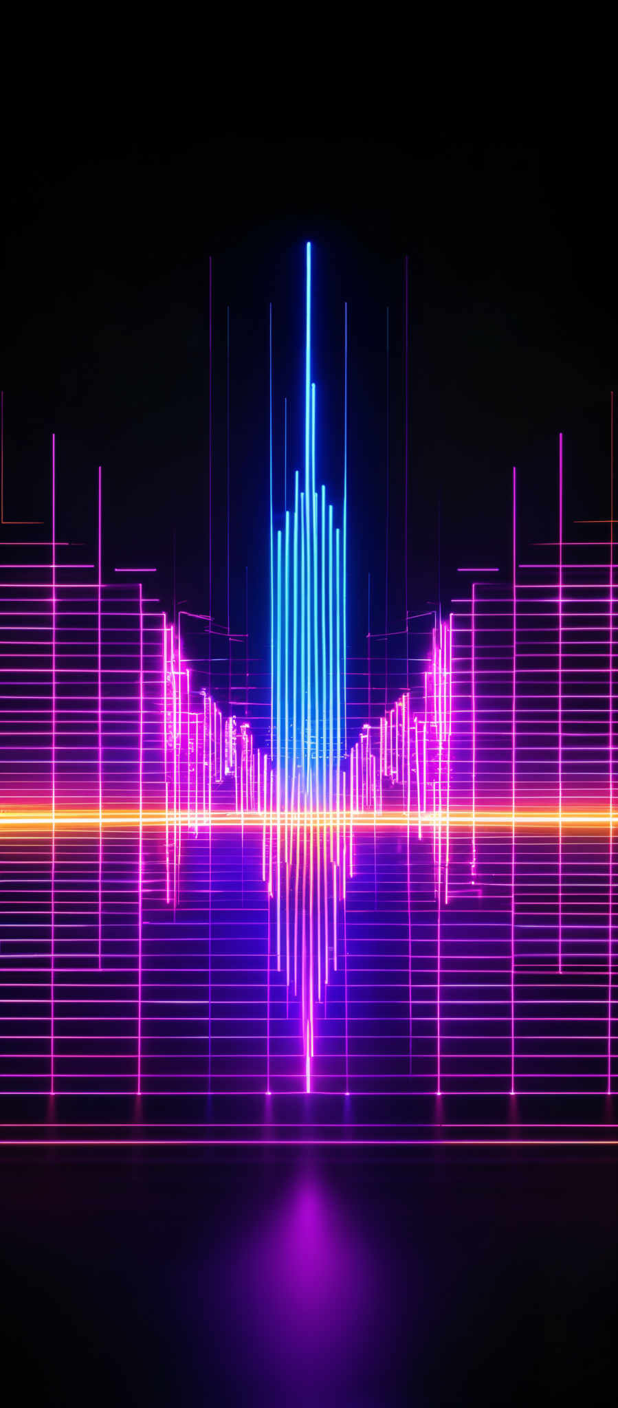 The image showcases a vibrant and dynamic representation of sound waves. The color palette consists mainly of neon shades of pink, purple, and blue. The shape of the waveform is reminiscent of a stylized representation of a sound wave, with peaks and valleys. The waveform seems to be emanating from a central point and extends outwards, creating an aura of energy and rhythm.