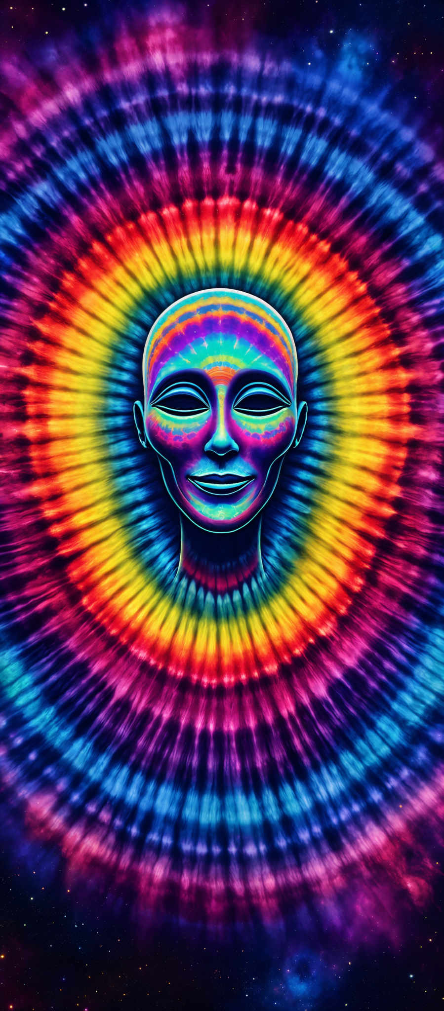 The image showcases a vibrant and colorful representation of a humanoid face with closed eyes. The face is surrounded by a radiant pattern of colors that transition from blue at the top to a spectrum of reds, oranges, and yellows at the bottom. The colors appear to be emanating from the face, creating a sense of energy or aura. The overall design gives a psychedelic or spiritual vibe, reminiscent of a meditative or trance state.