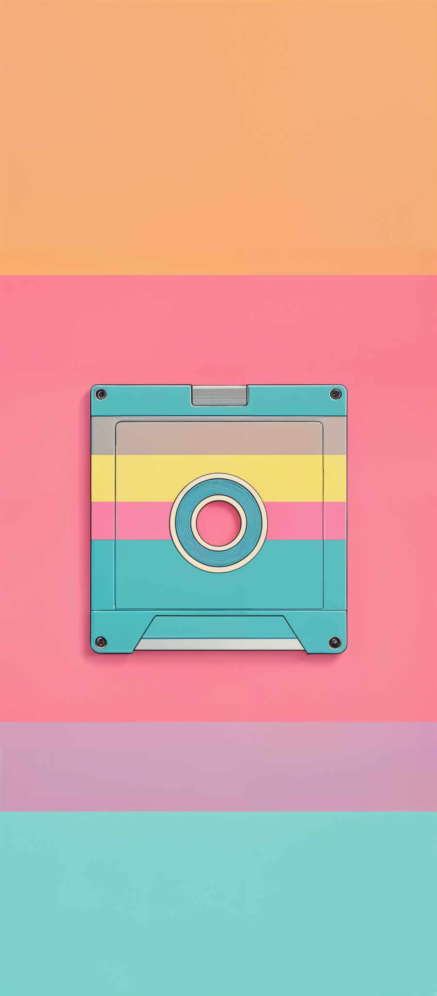 The image showcases a vibrant and colorful cassette tape against a multi-colored background. The cassete tape has a rectangular shape with a central circular hole. It features a gradient of colors, starting from a light blue at the top, transitioning to pink in the middle, and then to a light purple at the bottom. The background consists of alternating horizontal stripes of orange, pink, and light blue.