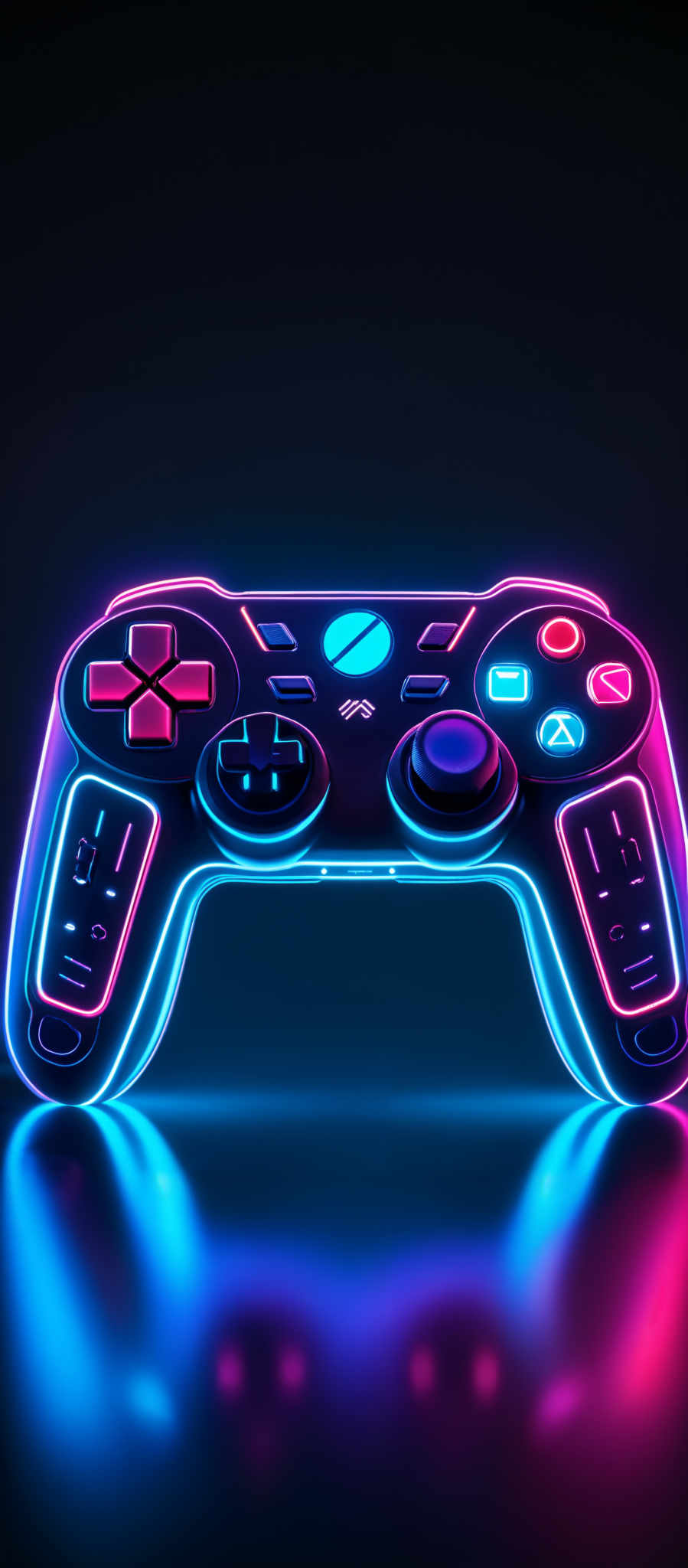 The image showcases a neon-lit, futuristic-looking game controller. The controller is predominantly black with vibrant neon colors like pink, blue, and purple illuminating its various buttons and symbols. The design is sleek and modern, with a series of buttons on the left side, a central joystick, and other control mechanisms on the right. The overall ambiance of the image is vibrative and tech-oriented, evoking a sense of advanced gaming or virtual reality experience.