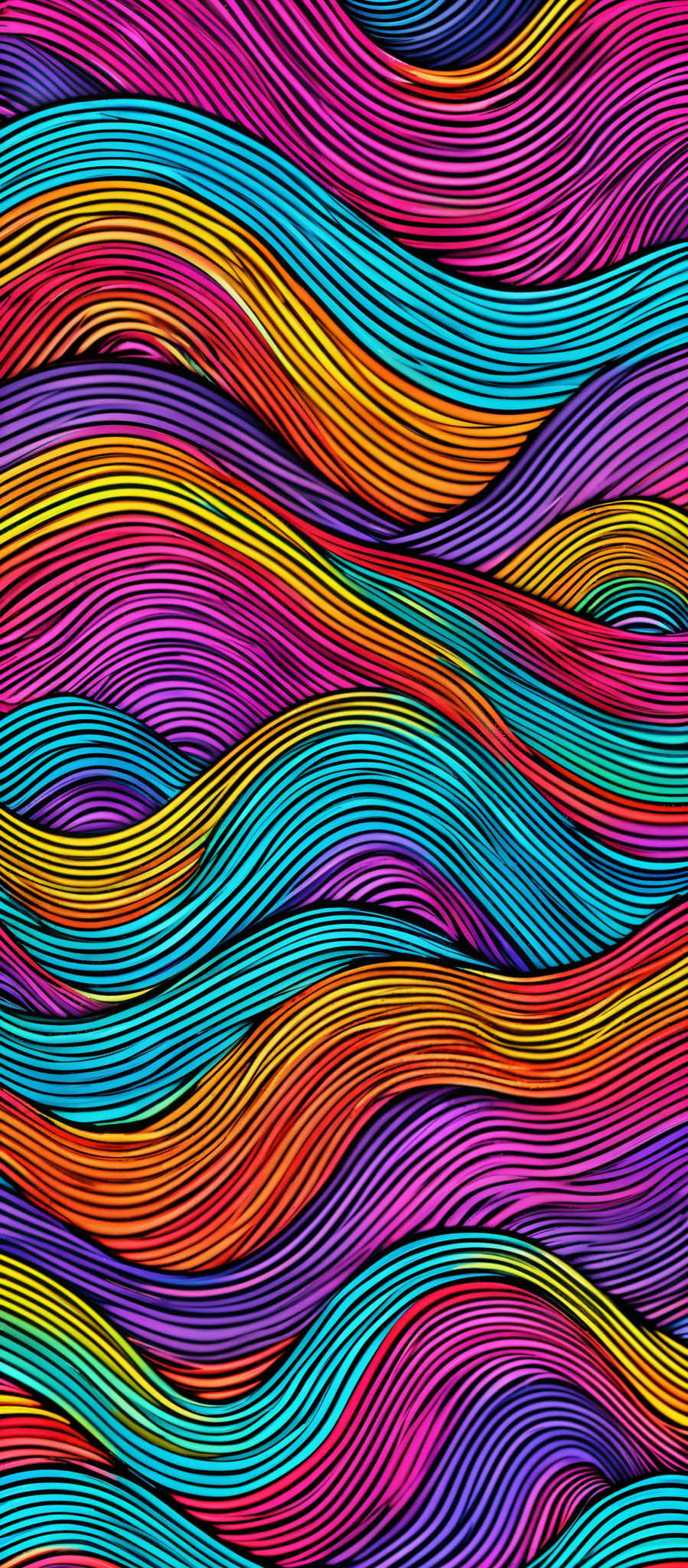 The image showcases a vibrant and colorful pattern with wavy lines. The wavy patterns are layered in multiple colors, including shades of blue, pink, yellow, and purple. The lines are thick and have a distinct texture, giving the image a dynamic and flowing appearance.