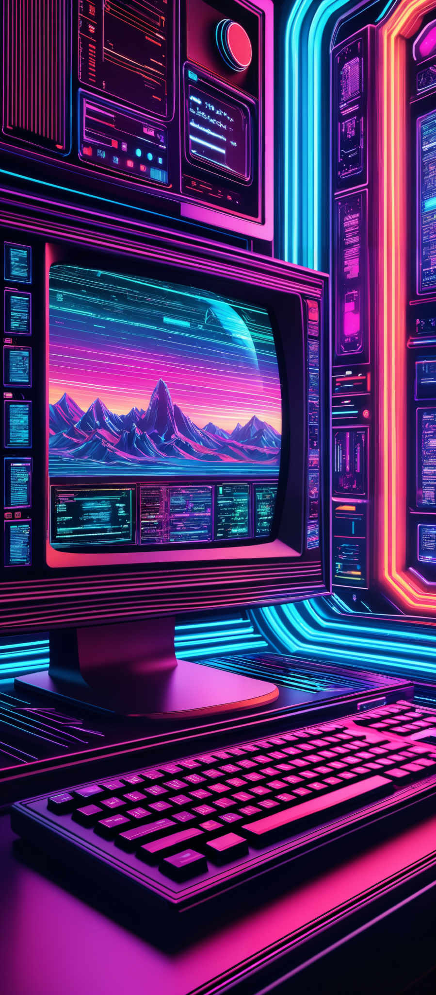 The image predominantly features vibrant neon colors, with hues of pink, blue, and purple. The primary shape is a computer or control panel with multiple panels, screens, and buttons. On one of the screens, there's a vivid image of a mountainous landscape with a vibrantly colored sky, possibly depicting a sunset or sunrise. The overall ambiance of the image is reminiscent of a retro-futuristic or cyberpunk theme.