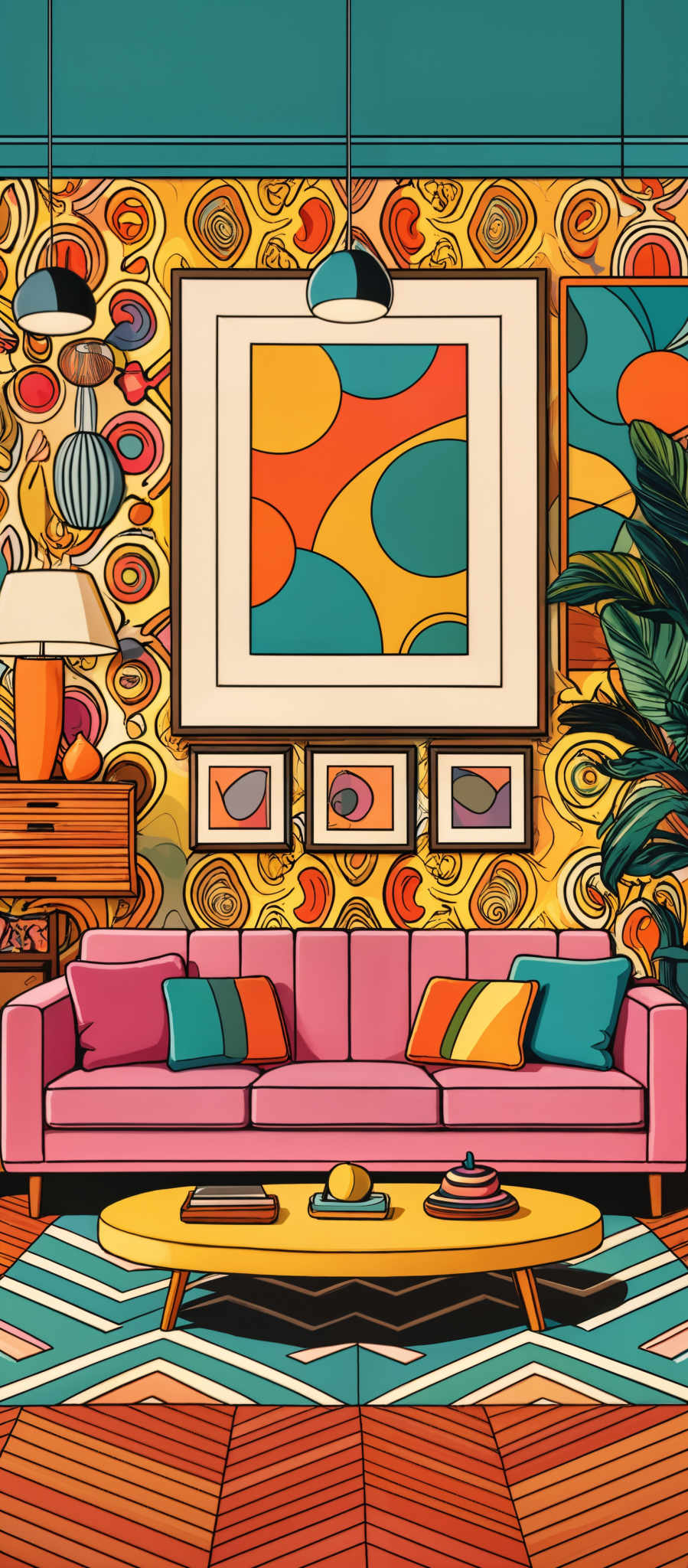 The image showcases a vibrant and colorful living room setting. Dominating the scene is a pink sofa adorned with multicolored cushions. Above the sofa, there are three hanging lamps with different designs. The walls are decorated with a swirling, psychedelic pattern in shades of yellow, orange, and red. On the wall, there's a large framed artwork displaying abstract shapes in blue, orange and yellow. To the right, there is a wooden sideboard with a lamp and a vase. The floor is covered with a patterned rug in shade of blue and white, and in front of the soFA, there appears to be a small table with a few items on it.