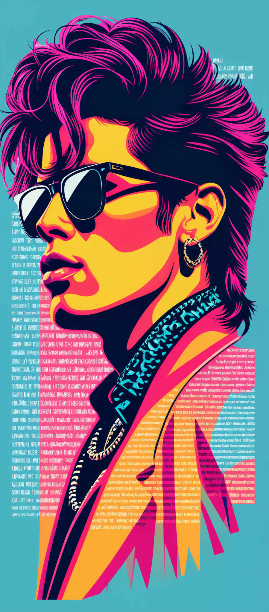 The image showcases a vibrant portrait of a person with a distinct style. The dominant colors are shades of pink, blue, and yellow. The subject has a voluminous, wavy pink hairstyle, dark sunglasses, and is adorned with a leopard print scarf or collar. The background is filled with textual content, possibly lyrics or quotes, written in various scripts and languages.