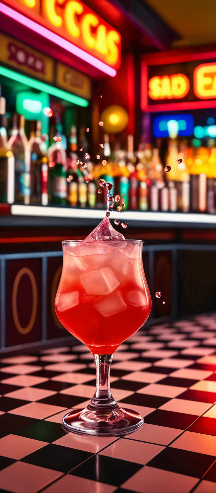 The image showcases a vibrant and colorful bar setting. The dominant color is a deep red, seen in the drink in the foreground. The drink is in a glass with a unique shape, resembling a brandy snifter. It's filled with ice cubes, and a splash is captured just above the surface, creating a dynamic visual effect. The background is filled with various bottles of alcohol, displayed on shelves with neon signs. The neon lights have a mix of colors, including green, yellow, and red, creating an atmospheric glow. The bar counter has a checkered black and white pattern, and there's a sign that reads 'SAD EYES'. The overall ambiance of the image is lively, with a retro or retro-futuristic vibe.