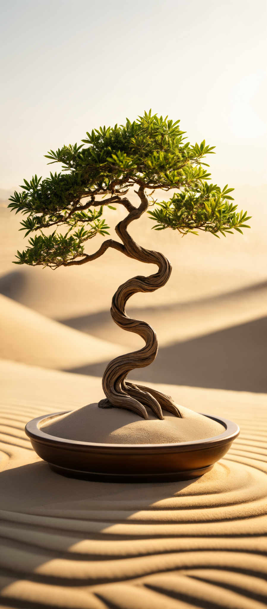 The image showcases a serene landscape with a large bonsai tree positioned centrally. The tree has a twisted, elongated trunk and branches that spread out in a canopy of vibrant green leaves. The trunk is intricately twisted and has a rich brown hue. The bonsAI tree is planted in a circular tray filled with fine, white sand. The background reveals vast sand dunes under a clear sky, bathed in the warm glow of the setting or rising sun. The sun casts long shadows on the sand dune, emphasizing the tree's prominence in the scene.