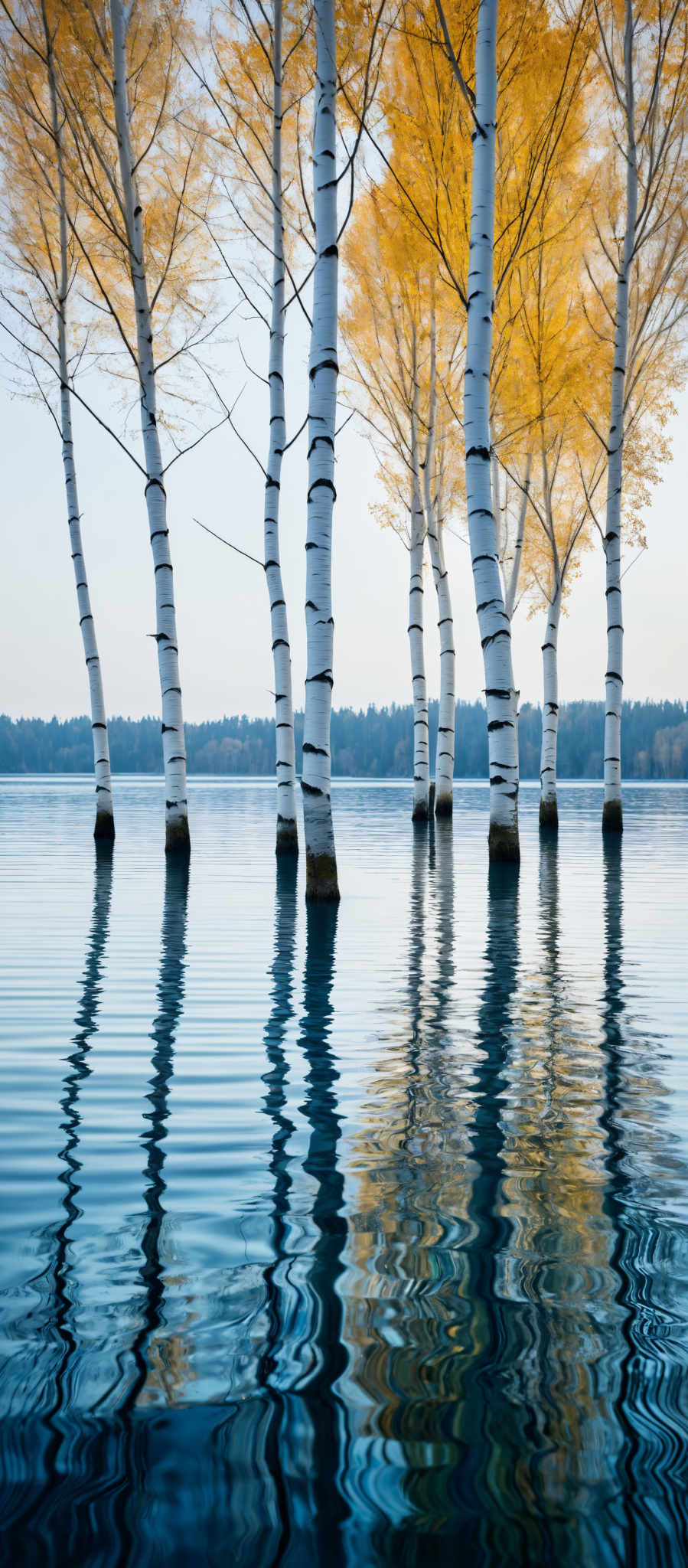 The image showcases a serene landscape with tall birch trees standing in calm water. The trees have distinctive white bark with black markings. Their leaves are a vibrant shade of yellow, suggesting it might be autumn. The water reflects the trees and their leaves, creating a mirrored effect. In the background, there's a hint of a forest or wooded area.