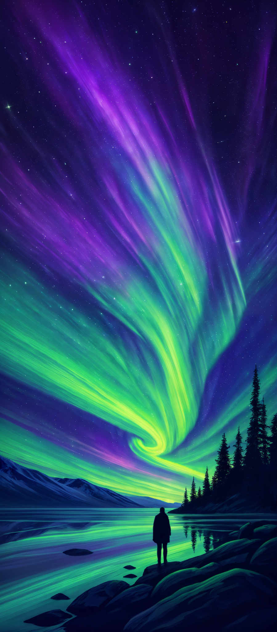 The image showcases a vibrant display of the Northern Lights, also known as the Aurora Borealis. The colors range from deep purples and blues to bright greens and yellows, creating an ethereal swirl across the night sky. The shape is reminiscent of flowing waves or curtains, cascading downwards and then upwards. On the ground, there's a silhouette of a person standing on a rocky outcrop, gazing at the spectacle. The person is dwarfed by the vastness of nature, emphasizing the grandeur of the scene. In the background, there are snow-capped mountains, a serene lake reflecting the colors of the sky, and a line of pine trees. The entire scene is set under a starry night sky, adding to the mystique.