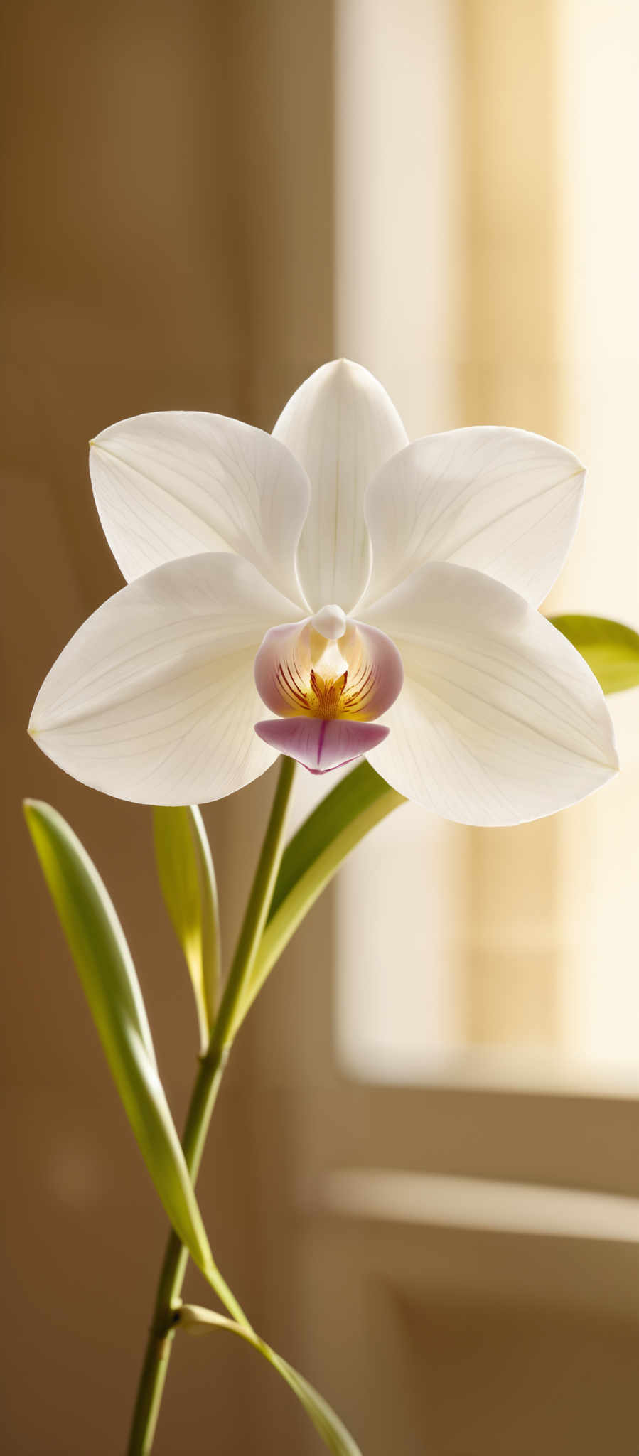 The image showcases a white orchid flower with a prominent central purple and yellow structure. The flower has a broad, flat shape with delicate, translucent petals that radiate outwards. The center of the flower is a vibrant mix of purple, yellow, and a hint of red. The stem is slender and green, supporting the flower. The background is blurred, emphasizing the flower, and appears to be a room with soft lighting.