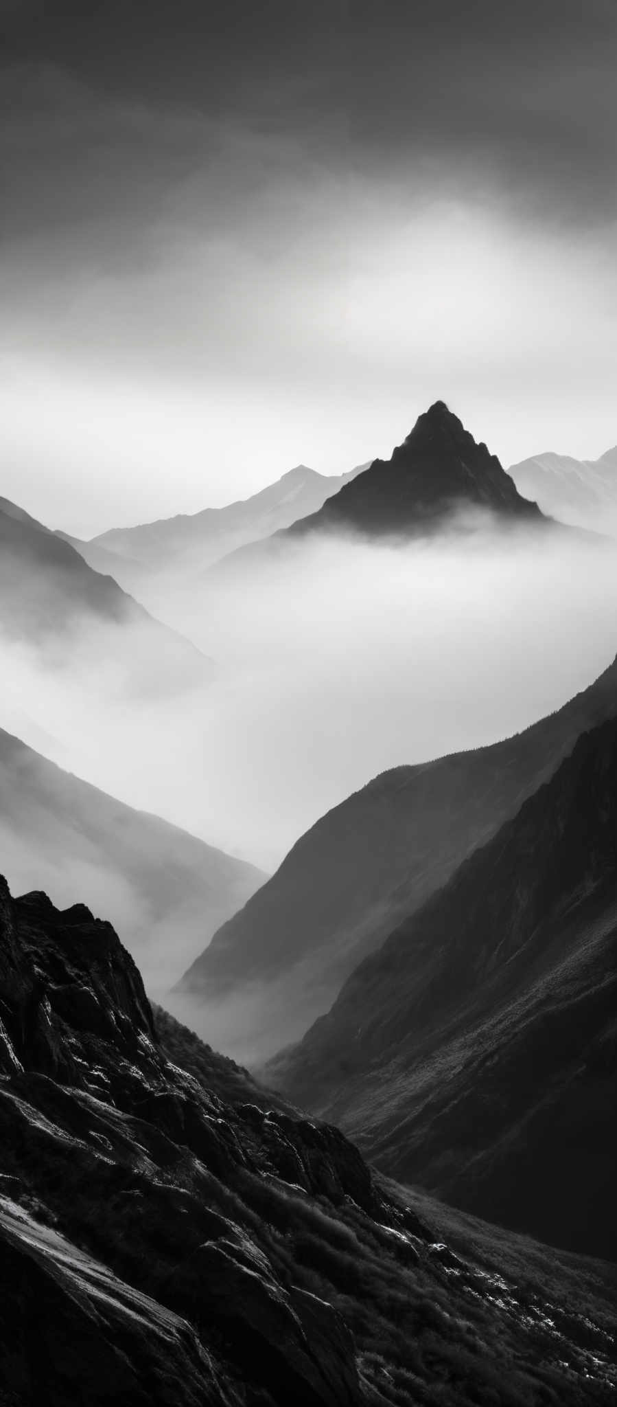 The image is in black and white, showcasing a mountainous landscape. The mountains are layered, with the foreground featuring rugged terrain and the background revealing mist-covered valleys. The sky above is overcast, with a hint of light breaking through, casting a soft glow on the mist. The contrast between the dark mountains and the lighter mist creates a dramatic and ethereal atmosphere.