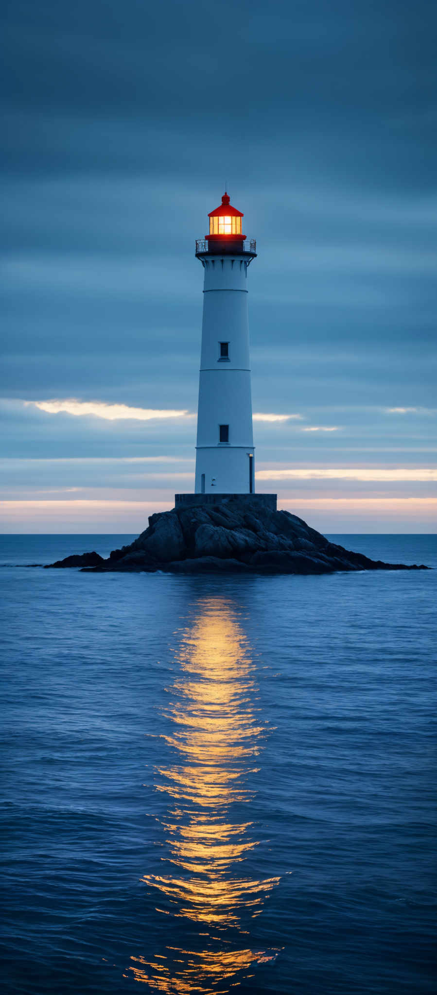 The image showcases a lighthouse situated on a rocky outcrop in the middle of the sea. The lighthouses tower is predominantly white with a red top. The beacon inside the lighthose is illuminated, casting a warm, golden glow. The surrounding sea is calm with a reflective quality, mirroring the luminous beacon of the lighouse. The sky above is overcast with a mix of dark and light clouds, hinting at either dawn or dusk.