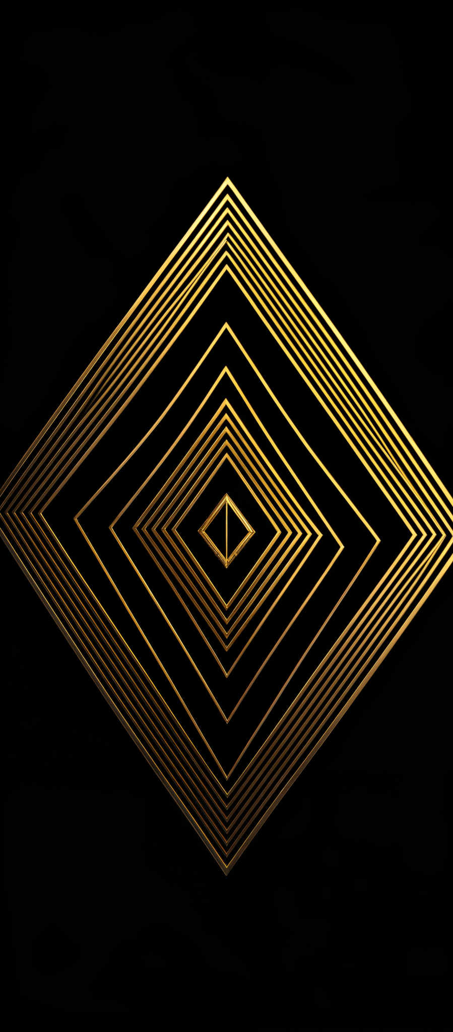 The image showcases a geometric design with concentric squares. The primary color is a deep shade of black, and the design is outlined with golden lines. The concentric pattern starts with a larger square at the top and progressively gets smaller, culminating in a smaller square at its center. The design is symmetrical and gives an illusion of depth, with the golden lines creating a sense of movement and rhythm.