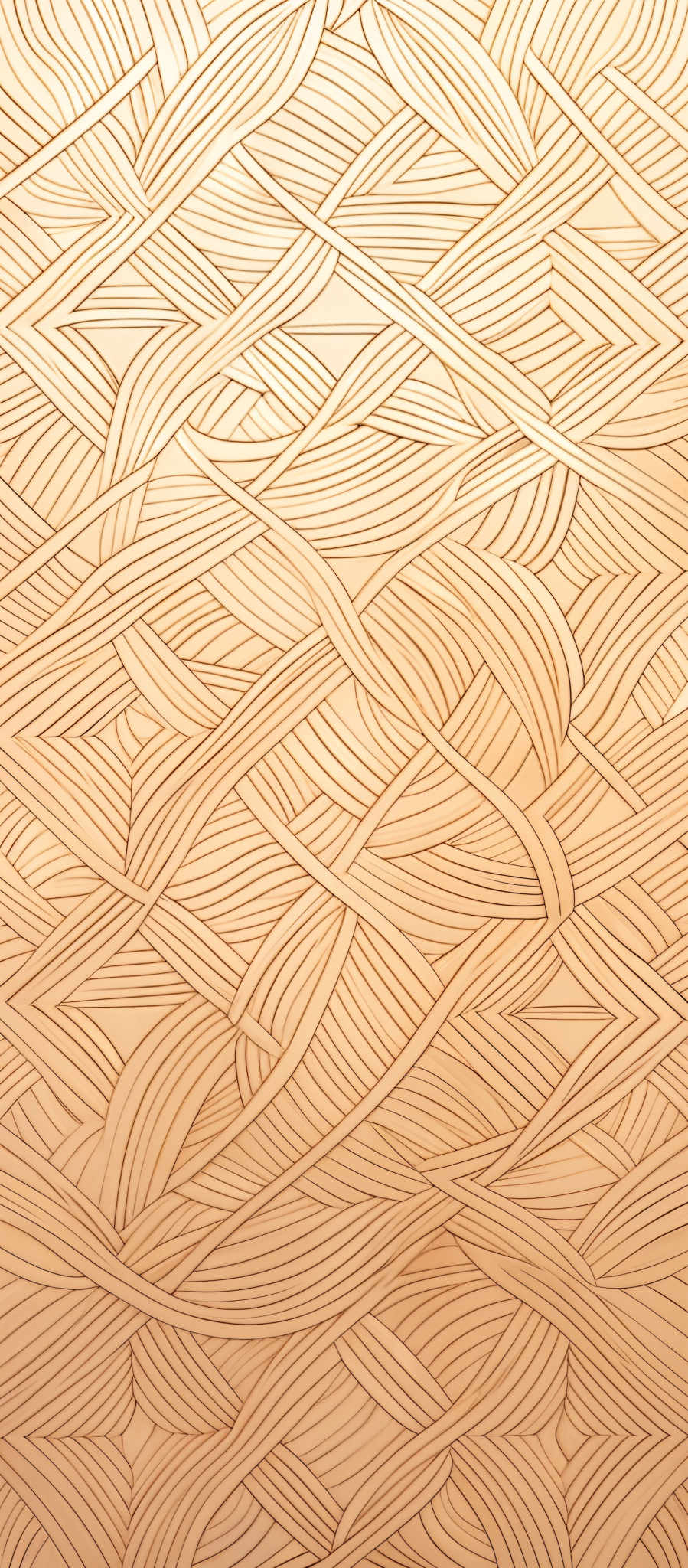 The image showcases a detailed and intricate pattern made up of intertwined lines. The predominant color is a shade of beige or light tan. The lines are wavy and intertwine in a complex manner, creating a mesh-like appearance. The design is symmetrical, with the pattern repeating itself across the entire canvas.