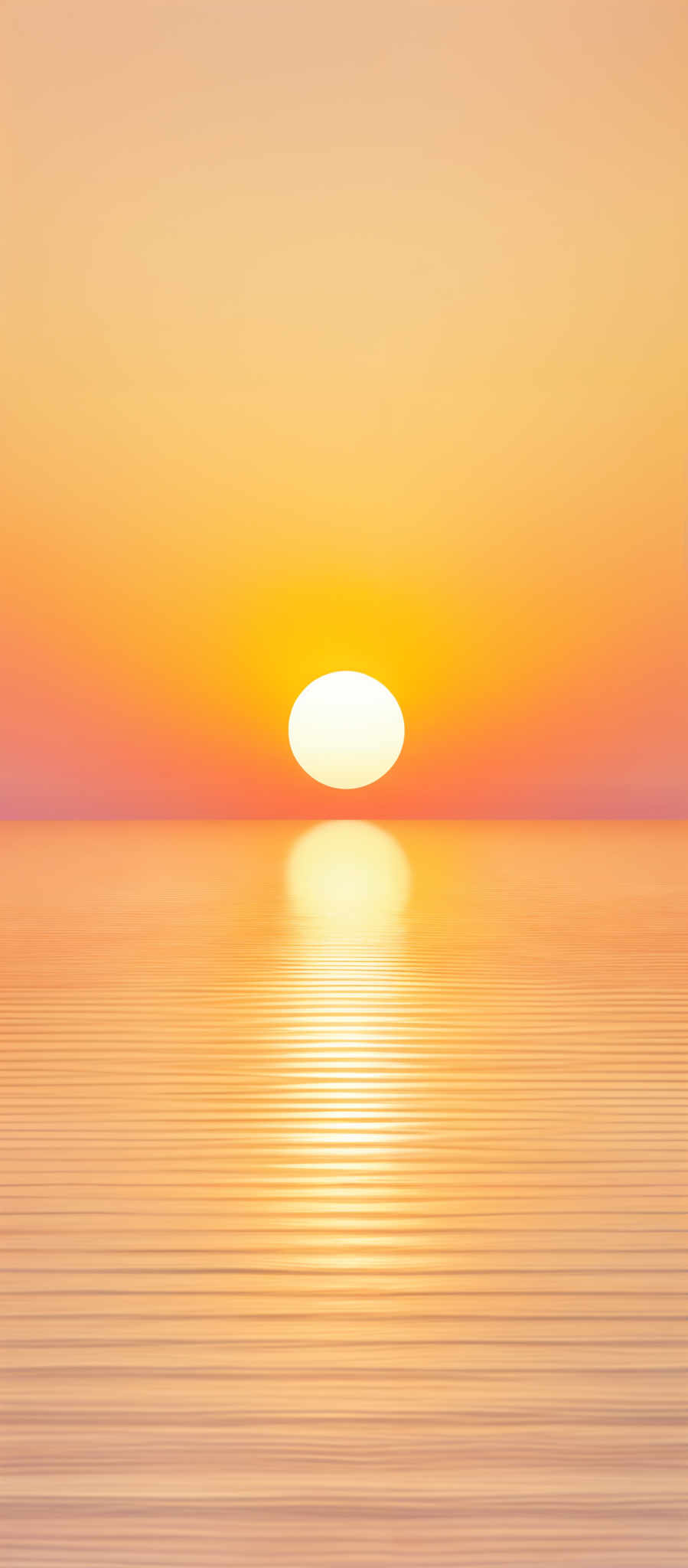 The image showcases a serene sunset over a calm body of water. The sky is painted in hues of orange, yellow, and a hint of pink, transitioning smoothly from the horizon upwards. The sun is a bright, round orb, casting a radiant glow that reflects off the water's surface. The water mirrors the sky's colors, creating a harmonious gradient of light and shadow. The overall ambiance of the image is tranquil and peaceful.