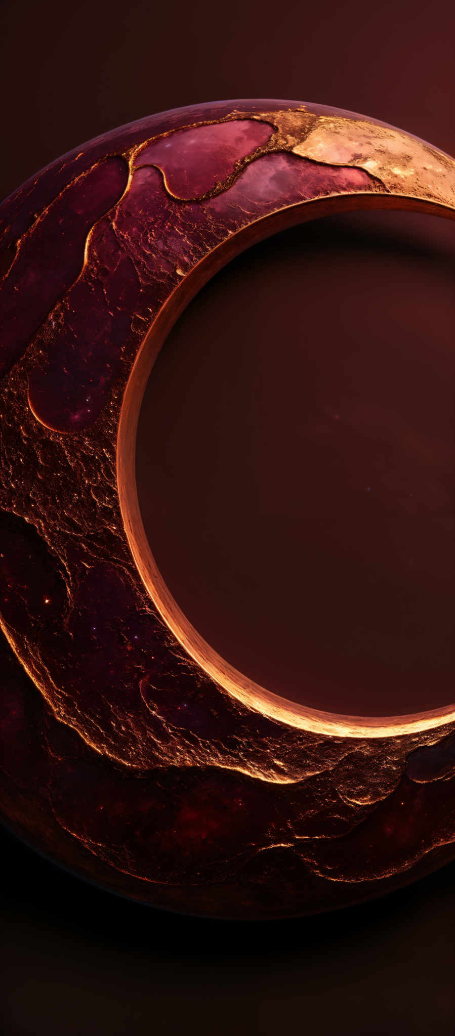 The image showcases a crescent-shaped object with a rich, textured surface. The predominant colors are deep reds, purples, and gold. The texture appears to be a mix of crystalline structures and molten lava, with intricate patterns resembling cracked earth or geode formations. The crescent shape is set against a dark background, emphasizing its luminescent and radiant appearance.