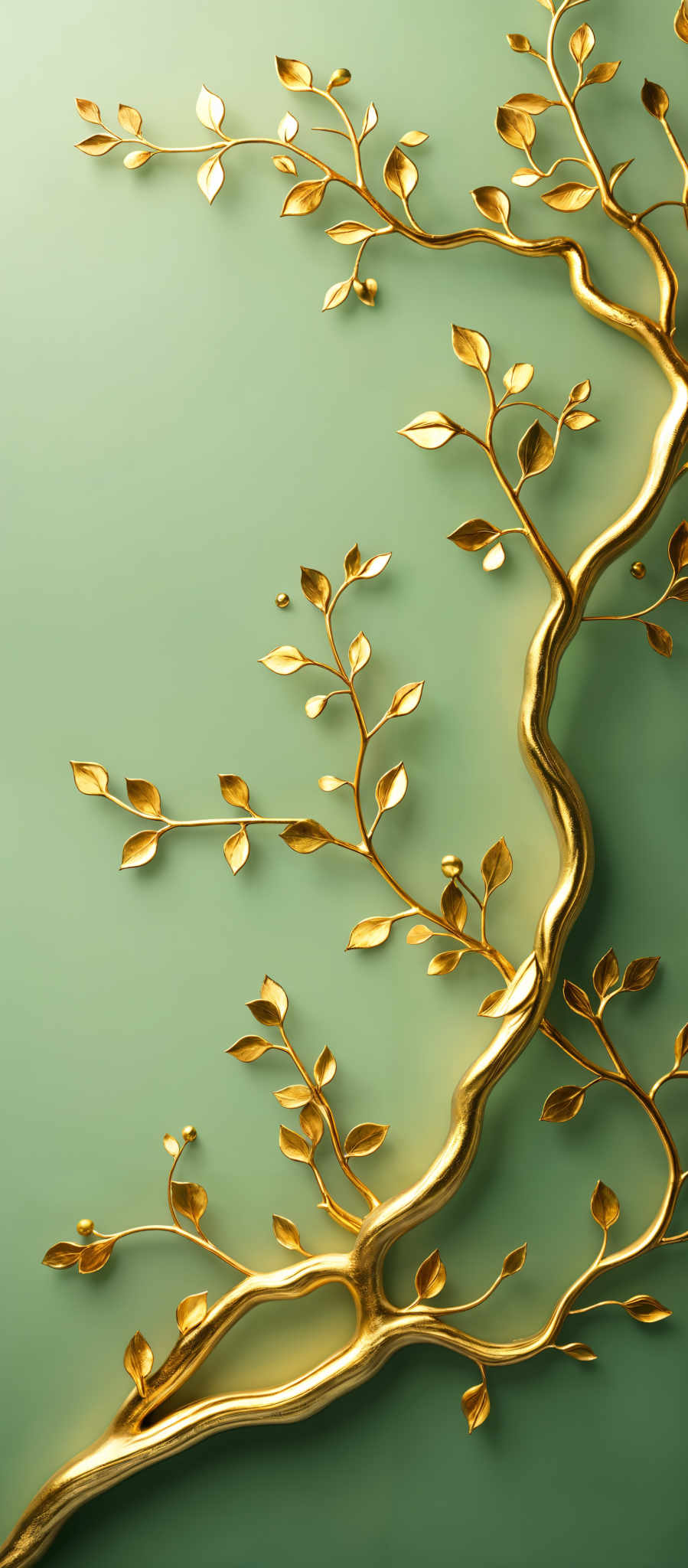 The image showcases a series of intricately designed gold branches against a soft teal background. The branches have a wavy and elongated shape, and each one is adorned with small, detailed gold leaves. The leaves are shiny and have a slightly raised texture, giving them a three-dimensional appearance. The overall design exudes elegance and sophistication.