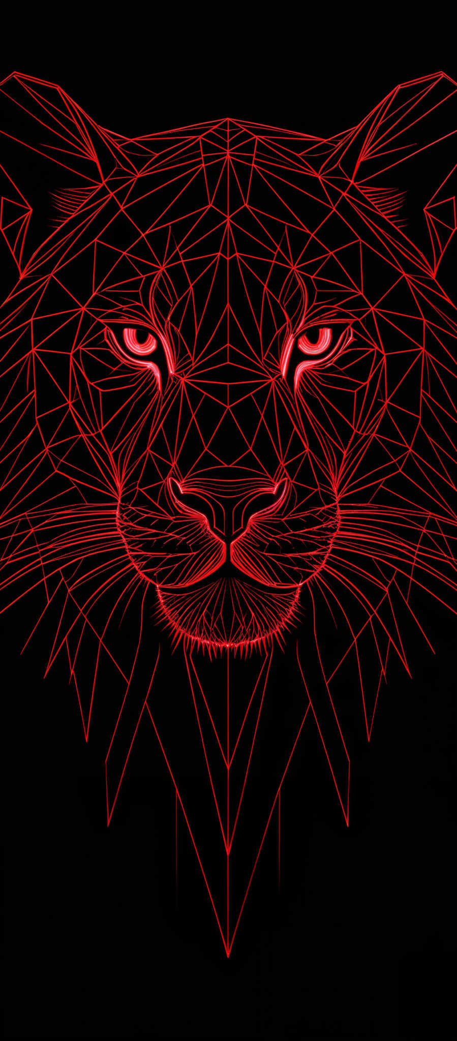 The image showcases a vibrant and striking design of a tiger's face. The tiger is depicted using a geometric, faceted pattern, reminiscent of a low-poly design. The design is primarily in shades of red against a black background. The eyes of the tiger are particularly intense, with a glowing red outline, making them stand out prominently. The overall design is modern and abstract, blending the natural features of the animal with a contemporary artistic touch.