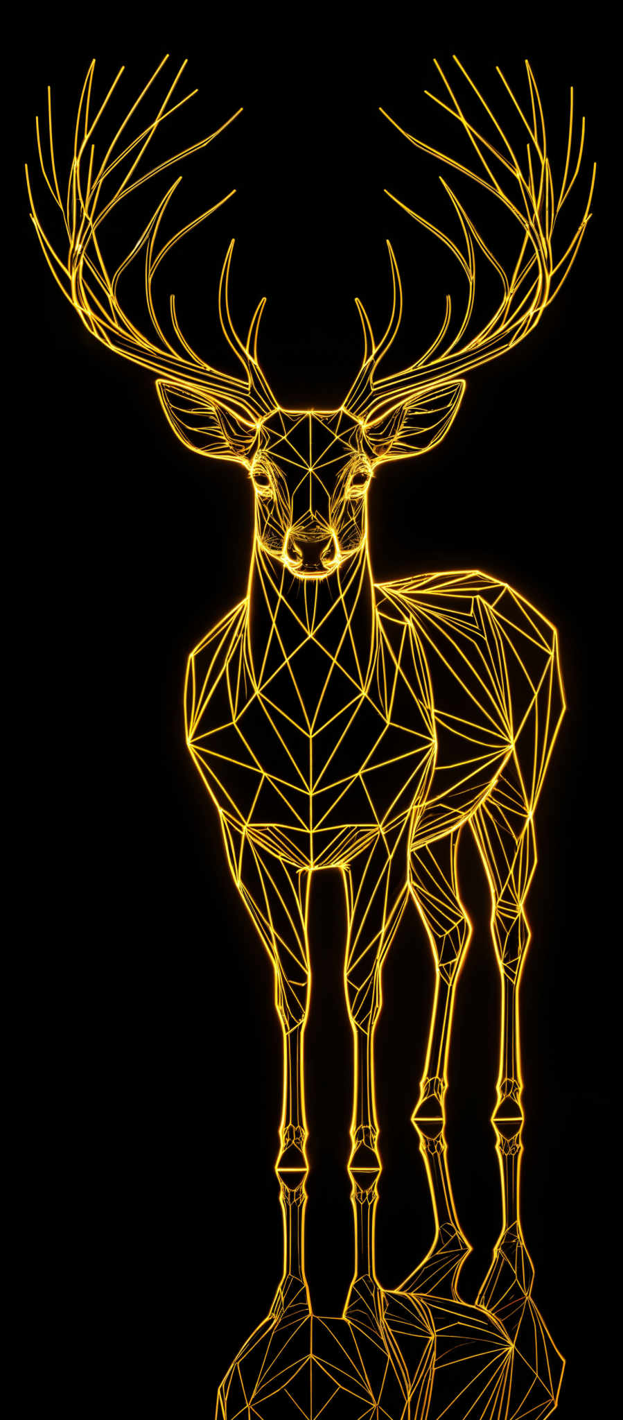 The image showcases a vibrant and radiant depiction of a deer. The deer is illustrated using a geometric, low-poly design, predominantly in shades of yellow against a black background. The design emphasizes the deer's majestic antlers, which are intricately detailed with multiple points and lines. The reflection of the deere is also visible, creating a symmetrical visual effect.