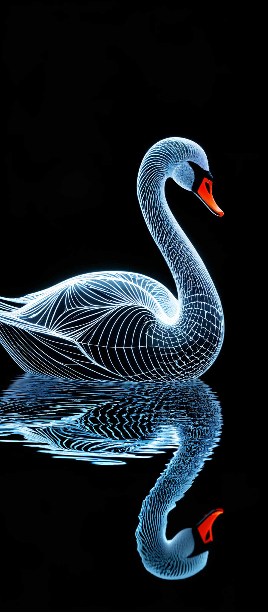 The image showcases a beautifully crafted swan made of a shimmering, luminescent material. The swan is predominantly white with intricate patterns of blue lines and designs on its body. The beak of the swan has a vibrant orange hue. The background is pitch black, which accentuates the swans' luminescence and creates a striking contrast. The reflection of the Swan is also visible in the water below, mirroring its shape and colors.