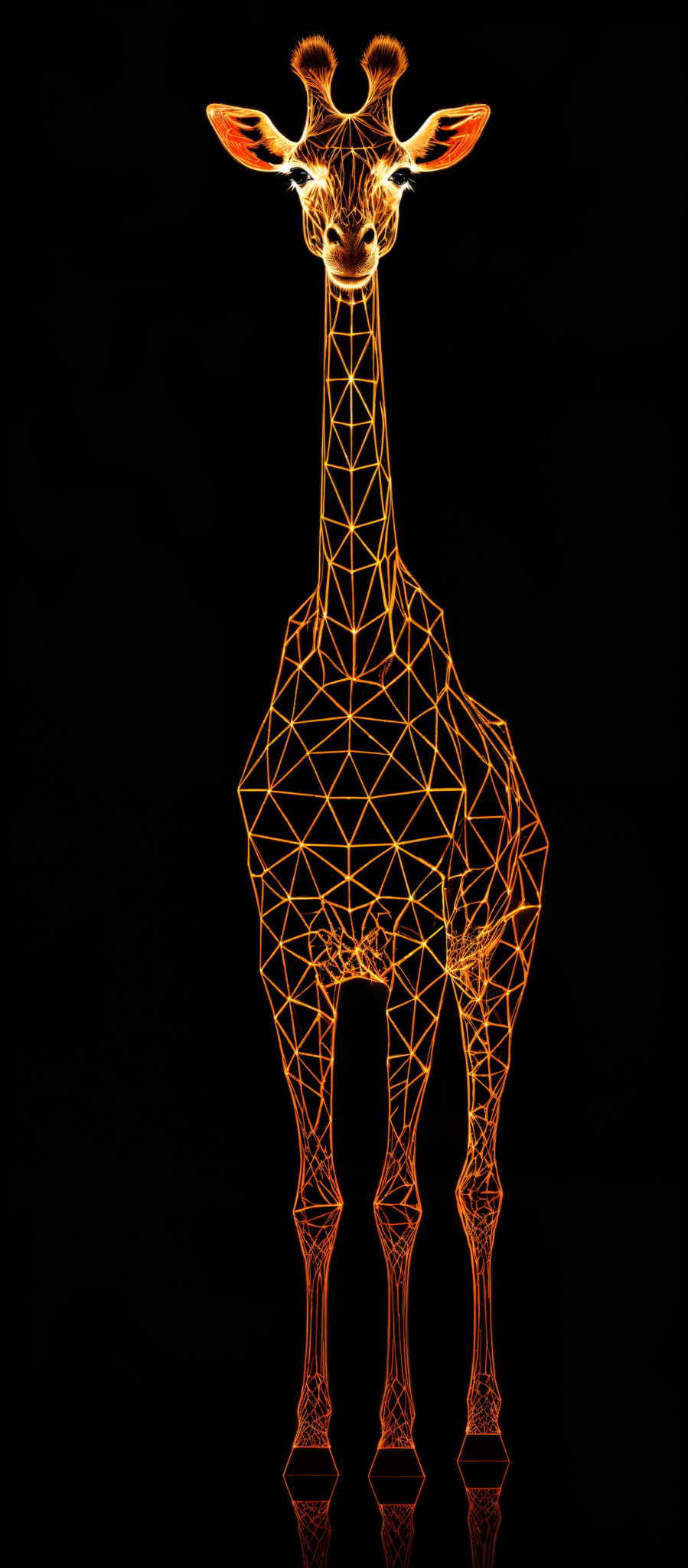 The image showcases a giraffe, but it's not a traditional representation. Instead, the giraffes are depicted as geometric, wireframe structures made up of triangles. These structures are illuminated in a bright, glowing orange color against a dark background. The wireframe design gives the girraffes a futuristic and digital appearance.