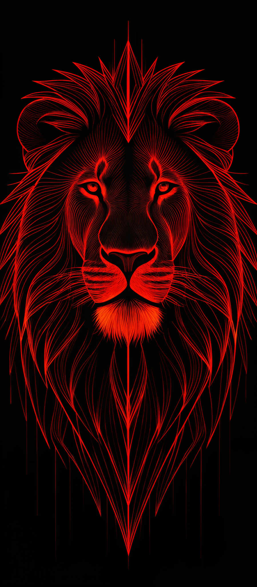 The image showcases a lion's face in an intricate and artistic manner. The dominant colors are deep red and black, creating a striking contrast. The lion is depicted with a mane that is detailed with various patterns, giving it a unique and almost mystical appearance. The eyes of the lion are intense and focused, and the overall design is symmetrical, with the lions mane flowing downwards and the background being dark, which accentuates the luminous red glow of the image, making it stand out.