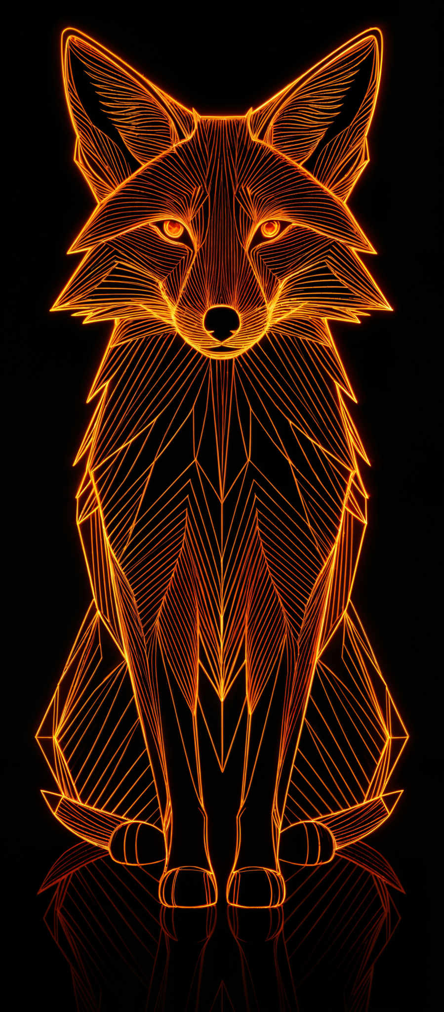 The image showcases a vibrant and intricate design of a fox. The fox is depicted in a geometric, almost crystalline pattern, with sharp lines and symmetrical shapes. The color palette is dominated by shades of orange and gold, which gives the design a radiant and luminous appearance. The background is dark, which accentuates the fox's glowing outline, making it the focal point of the image, and adding a sense of depth and contrast.