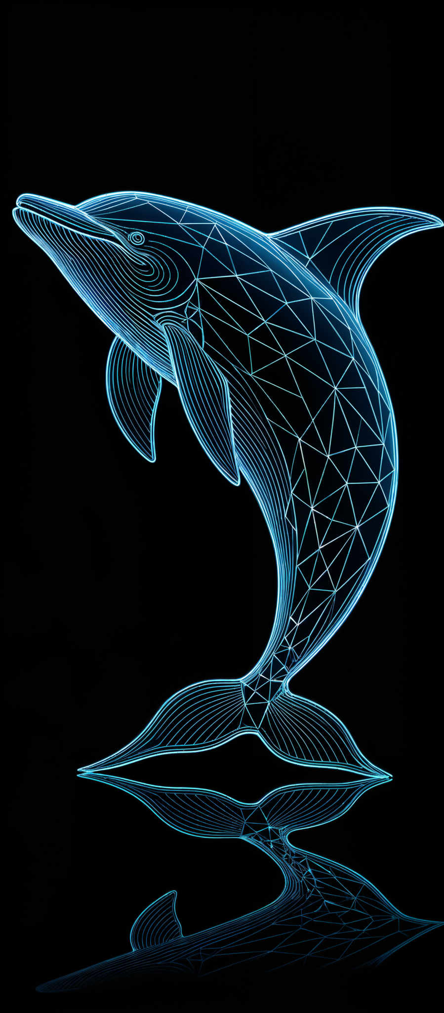 The image showcases a dolphin, intricately designed with geometric patterns. The dolphins are depicted in a shimmering blue hue, outlined with white lines. The design is composed of interconnected triangles, forming a mesh-like pattern over the dolphine's body. The background is pitch black, which accentuates the luminescence of the dolophin and creates a stark contrast.