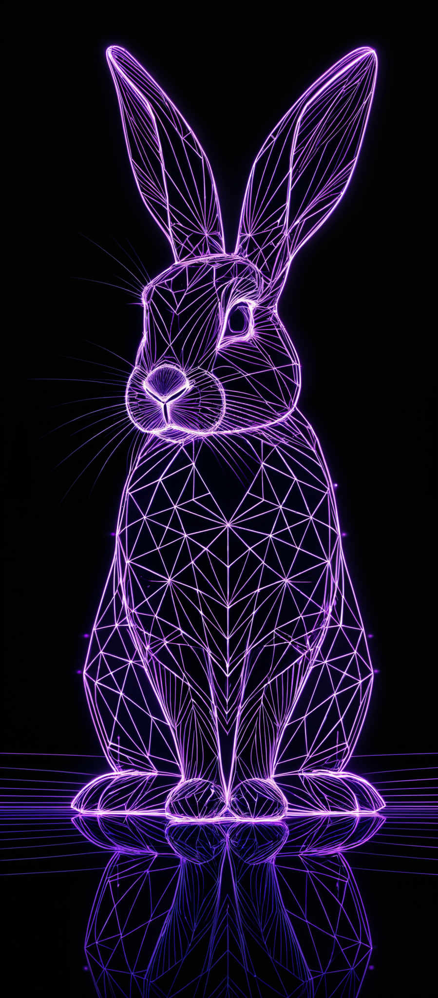 The image showcases a vibrant purple neon-like outline of a rabbit. The rabbit is depicted in a sitting position with its ears raised. The design is intricate, with geometric patterns forming the outline of the rabbit, giving it a modern, digital appearance. The background is a deep black, which accentuates the purple glow of the neon rabbit and creates a striking contrast.