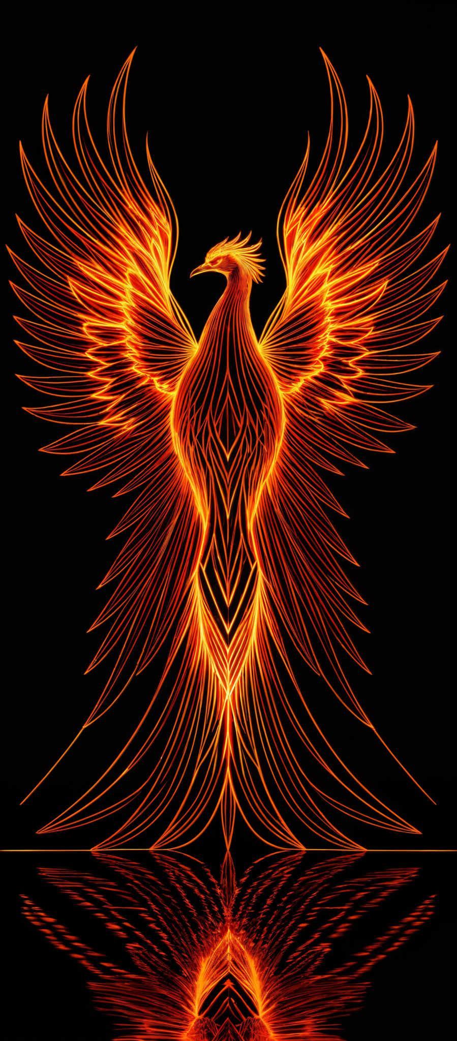 The image showcases a vibrant and intricate depiction of a bird, possibly a phoenix, rendered in fiery orange and red hues against a black background. The bird is in a dynamic pose, with its wings spread wide, showcasing detailed feather patterns. The reflection of the bird is visible below, creating a symmetrical visual effect. The overall design is reminiscent of a neon or digital art style, with sharp lines and a high contrast between the bright colors and the dark background.