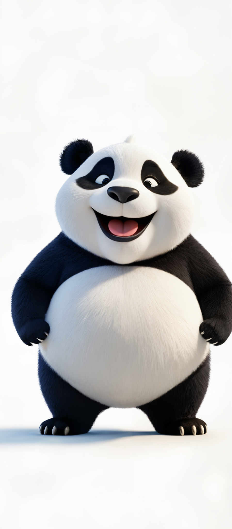 The image showcases a 3D animated panda. The panda has a round, chubby body with black and white fur. Its face is predominantly white with black patches around the eyes and ears. The creature is depicted with a cheerful expression, showcasing its tongue sticking out slightly.