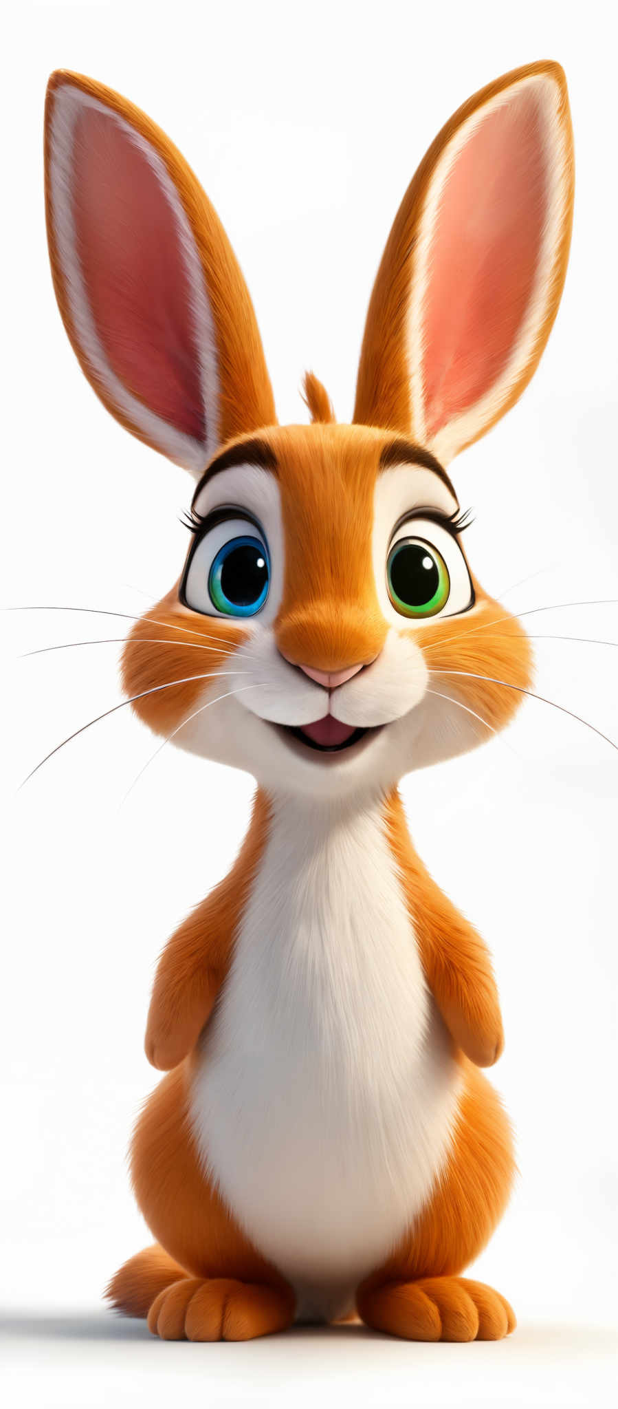 The image showcases an animated bunny with a vibrant orange fur coat. It has large, pink ears that stand upright. The bunney has striking blue eyes with a hint of green around them. Its facial expression appears to be cheerful and friendly. The overall shape of the bunty is compact, with a round body and short legs.