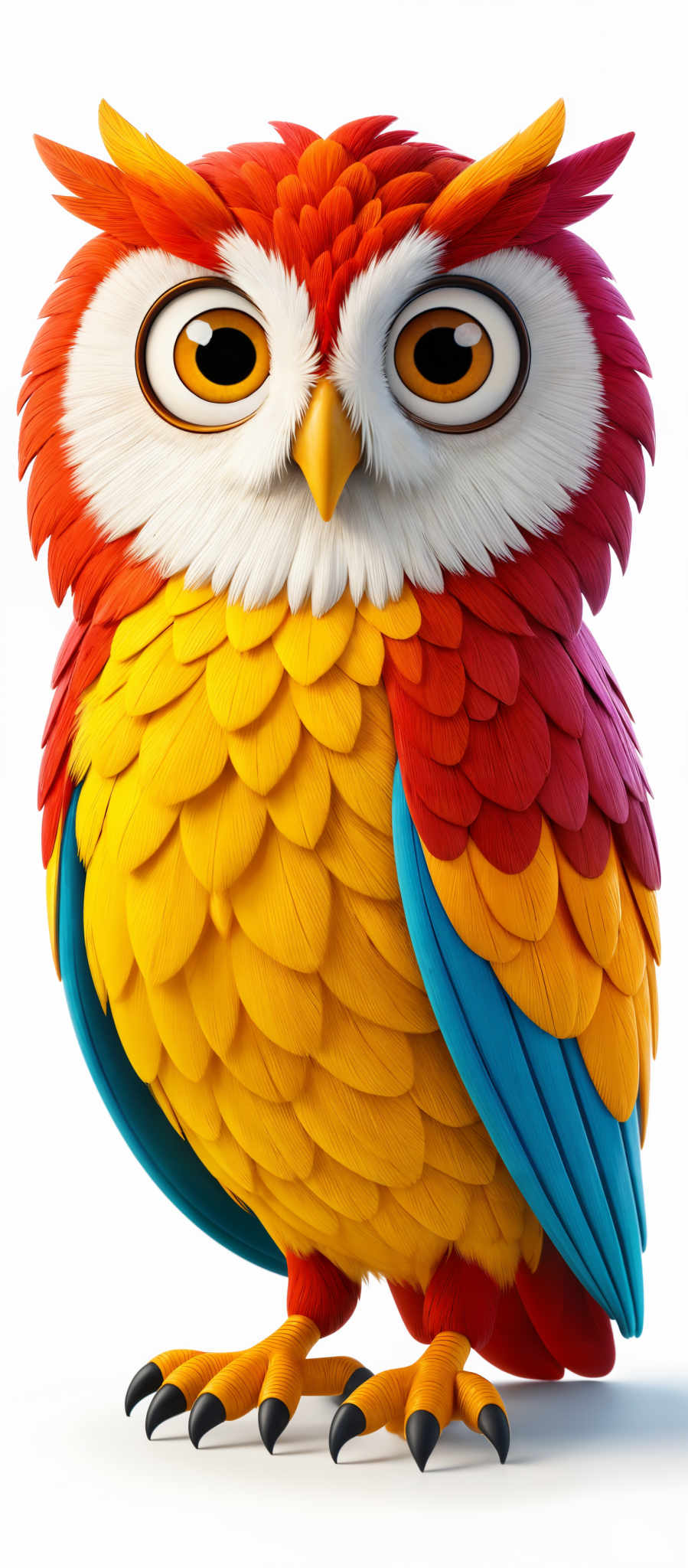 The image showcases a vibrant and colorful depiction of an owl. The owl has a predominantly white face with large, round, and dark-rimmed eyes. Its body is adorned with a myriad of colors including red, yellow, blue, and orange, giving it a fiery and lively appearance. The feathers are intricately detailed, with each layer showcasing a different hue and texture. The feet of the owl are sharp and clawed, typical of owls.