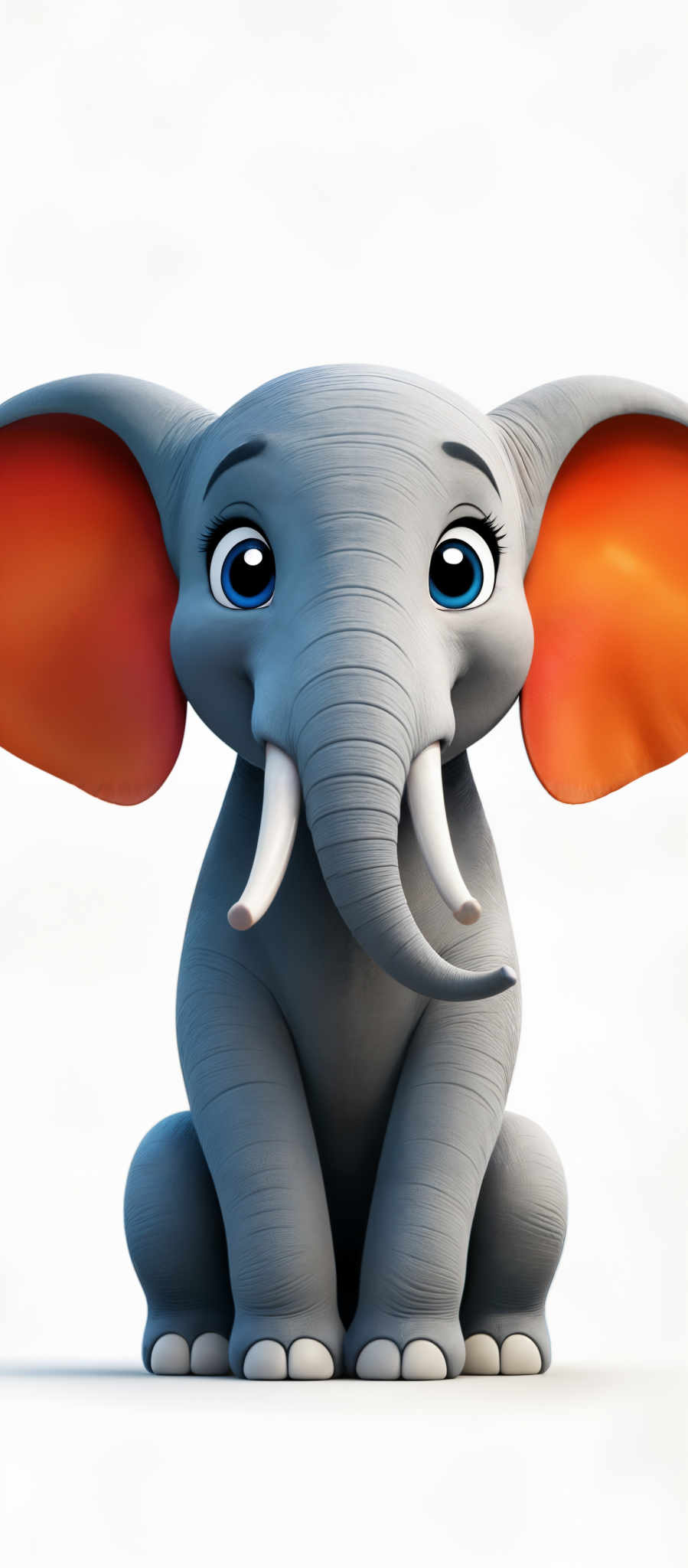 The image showcases a 3D animated elephant. The elephants are gray with large, orange ears. It has two white tusks protruding from its trunk. The eyes are large, blue, and have a glossy appearance. The overall shape of the elephantine figure is sitting with its trunks curled slightly.