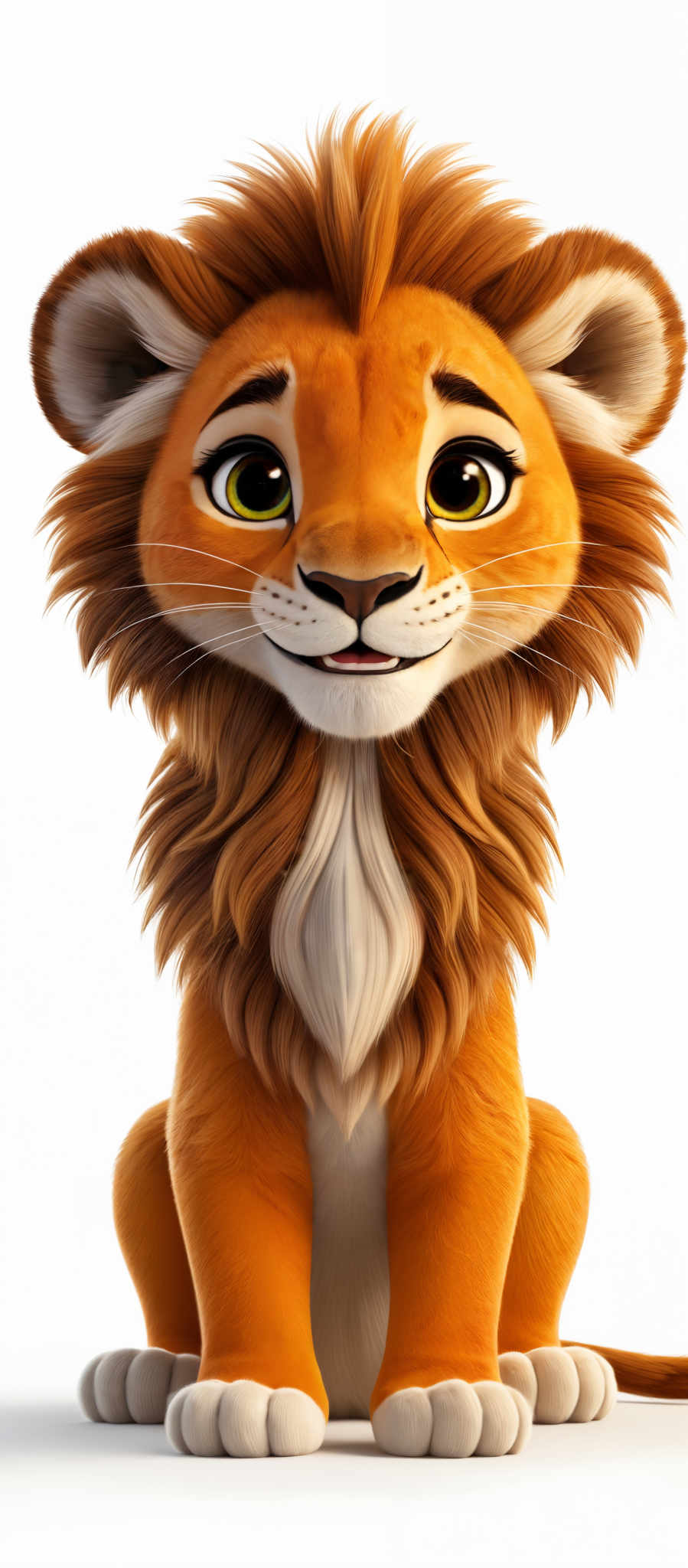 The image showcases a cartoon-like lion with a vibrant orange mane and face. The lion has large, expressive green eyes and a gentle smile. Its fur is well-defined, with the mane being the most prominent feature, fluffy and spiky. The facial expression of the lion appears to be content and friendly.