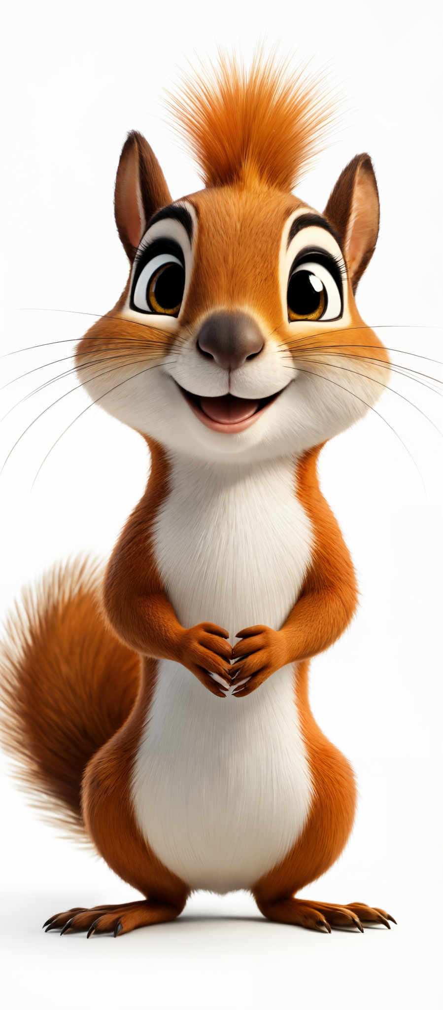 The image showcases a 3D animated squirrel. The squirrely has a vibrant orange fur coat with a white underbelly. It has large, expressive eyes that are brown with a hint of black around them. The animal's bushy tail is predominantly orange with a fluffy appearance. The creature is standing upright, with its hands held together in front of it, and it appears to be smiling or chuckling.