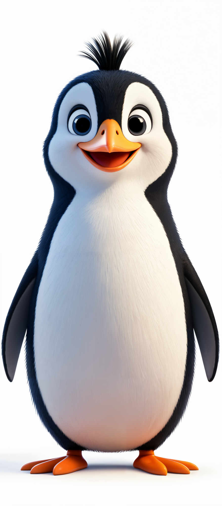 The image showcases an animated penguin. The penguins have a black and white plumage with a distinct orange beak and feet. The eyes are large, round, and blue, giving the penguine a friendly and curious appearance. The overall shape of the pinguin is upright and slightly rotund, with a slightly protruding orange tuft of hair on its head.