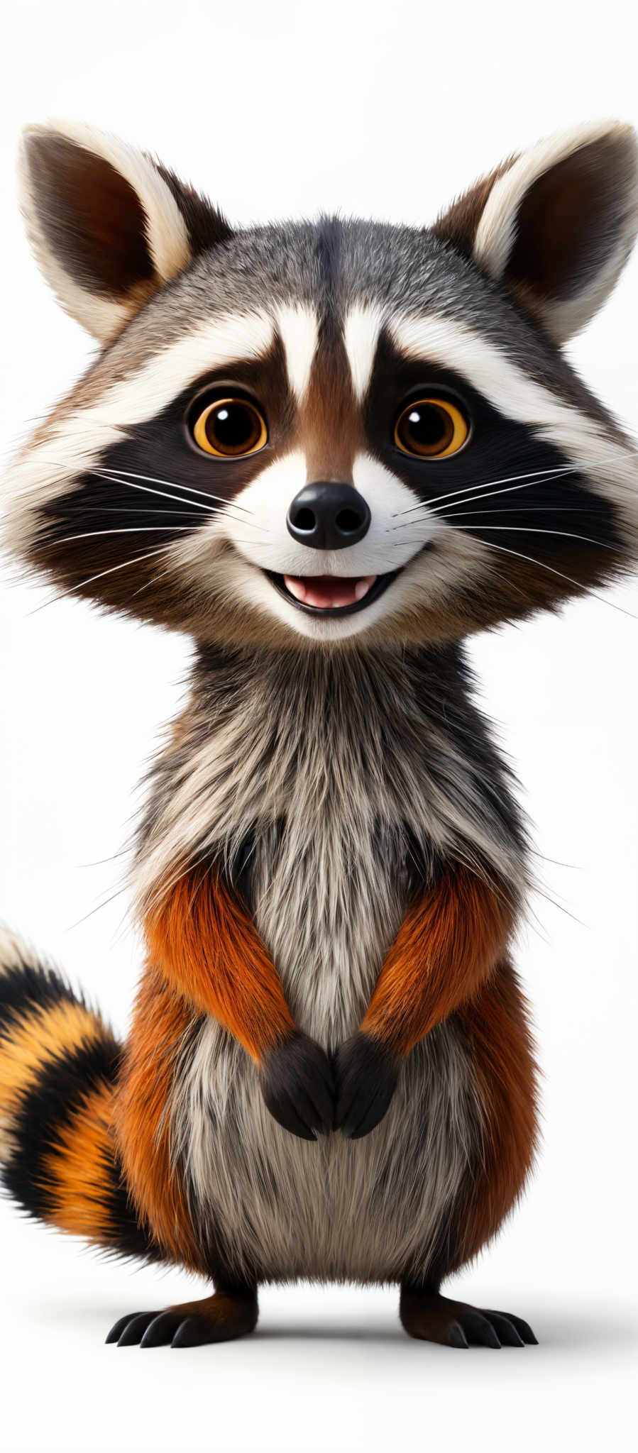 The image showcases a raccoon with a unique and detailed design. The raccoon has a rounded face with large, expressive eyes that are amber in color. Its fur is a mix of gray, black, and orange, with the fur around its face being particularly thick and fluffy. The tail is striped with alternating black and orange bands. The overall appearance is that of a friendly and curious raccoon.