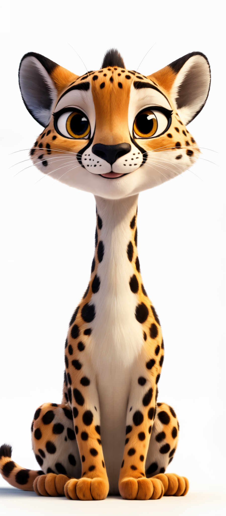 The image showcases an animated character that resembles a cheetah. It has a slender body with a spotted coat, large round eyes with a golden hue, and a small tuft of black hair on its head. The cheetoh is sitting upright with its front paws resting on its lap.