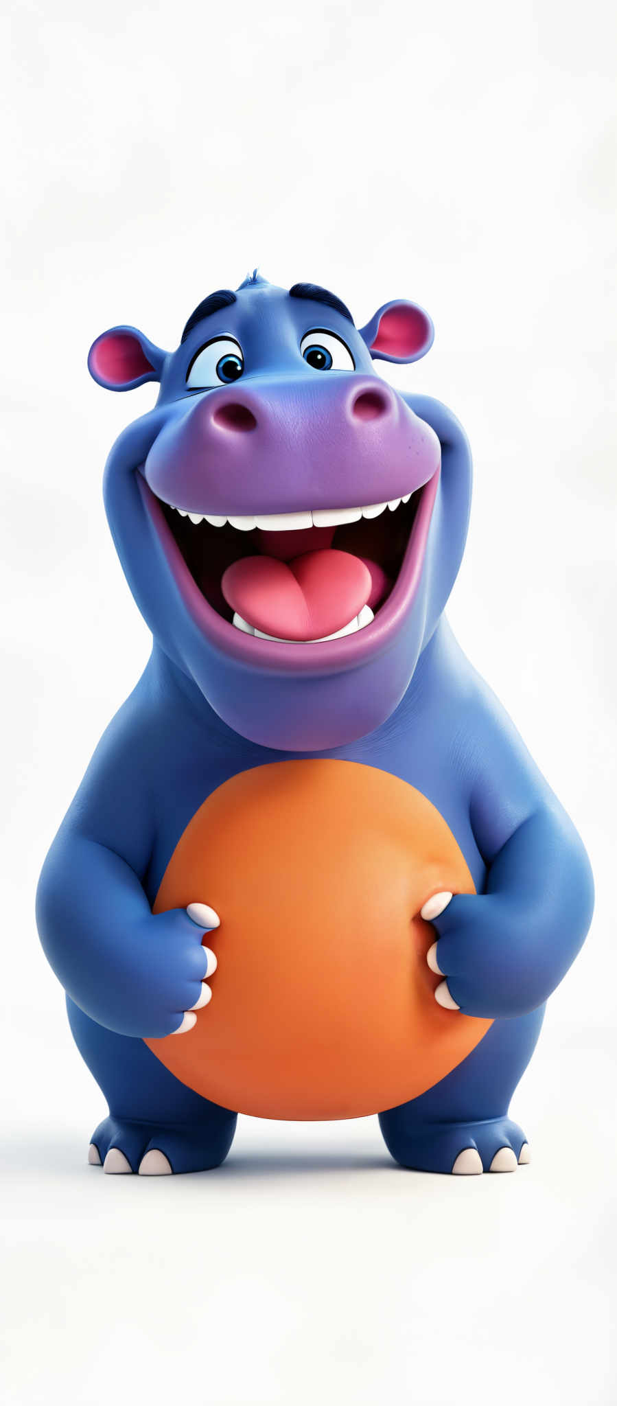 The image showcases a 3D animated character that appears to be a friendly, cartoonish hippopotamus. The hippo has a large, wide smile with bright blue eyes and pink ears. Its body is predominantly blue with an orange belly. The character is holding its belly with both hands, and its fingers are white with nails. The overall tone of the image is vibrant and cheerful.