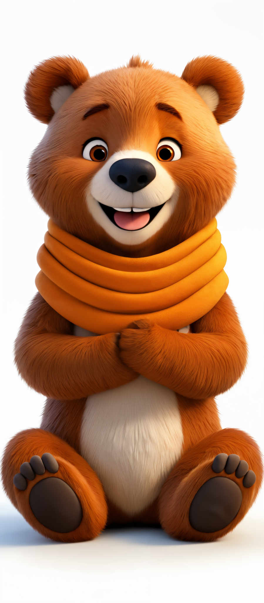 The image showcases a brown, anthropomorphic bear. The bear has a round face with big, expressive eyes and a cheerful smile. It's wearing an orange scarf wrapped around its neck. The fur of the bear appears soft and fluffy, and it's sitting in a relaxed pose with its hands clasped in front of it.