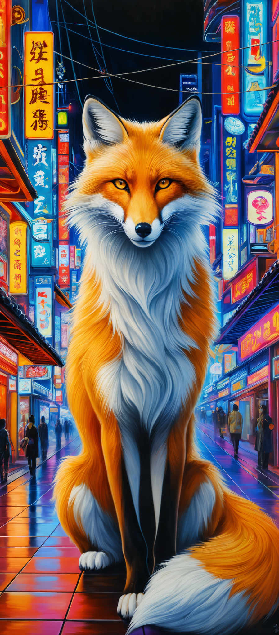 The image showcases a vibrant and colorful urban setting, possibly in an Asian country, given the presence of Chinese characters on the signs. The focal point is a large, detailed fox with a rich orange and white fur coat. The fox has intense yellow eyes and is sitting in a relaxed posture. The background is bustling with neon signs, each displaying various symbols, characters, and advertisements. The streets are wet, reflecting the bright lights, and there are a few people walking around, giving a sense of life and activity in the city.