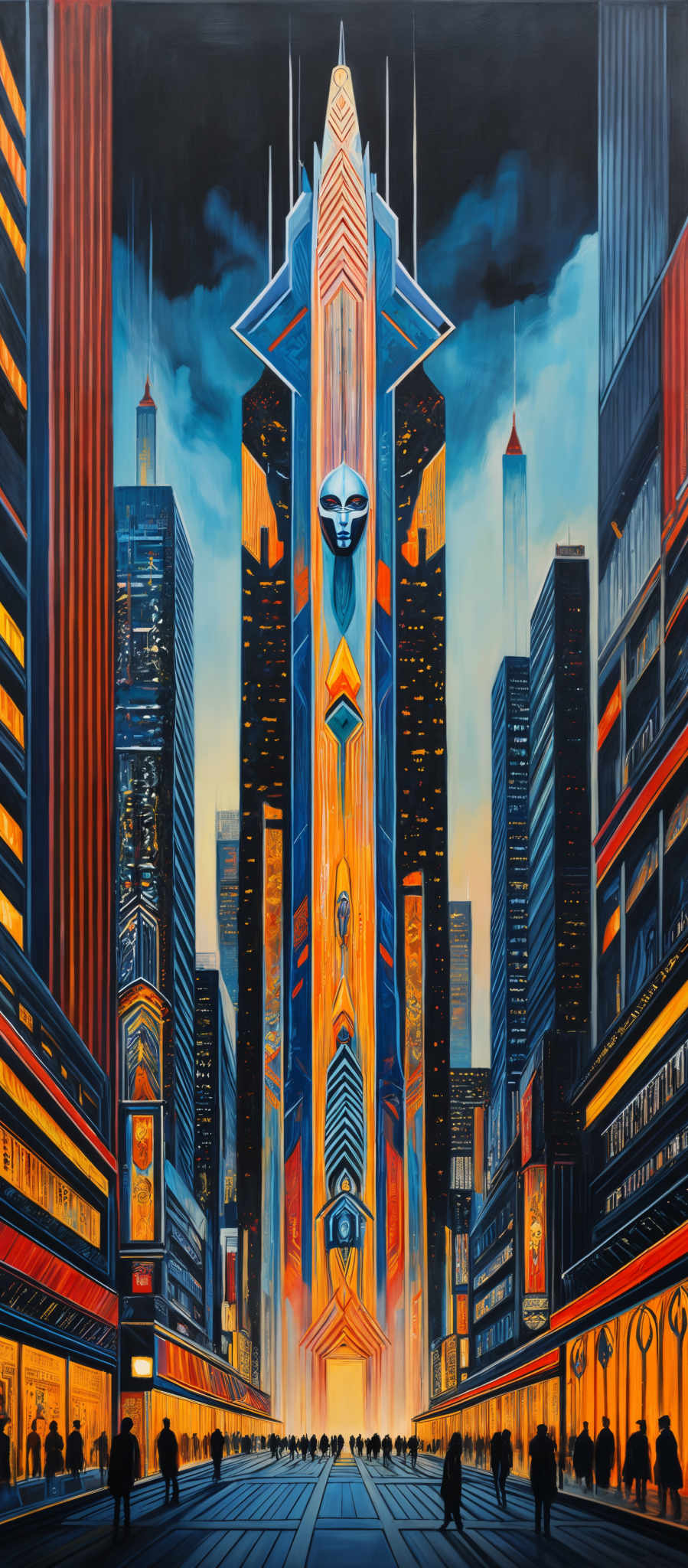 The image showcases a futuristic cityscape during what appears to be dusk or dawn. Dominating the scene is a tall, sleek skyscraper with a unique design, featuring a large face in the center and intricate patterns and symbols on its sides. The skyscrapers surrounding it are illuminated with neon lights in various colors, including blue, orange, and red. The streets below are bustling with silhouettes of people, suggesting a busy urban environment. The sky is painted in shades of blue and gray, hinting at the transition between day and night.